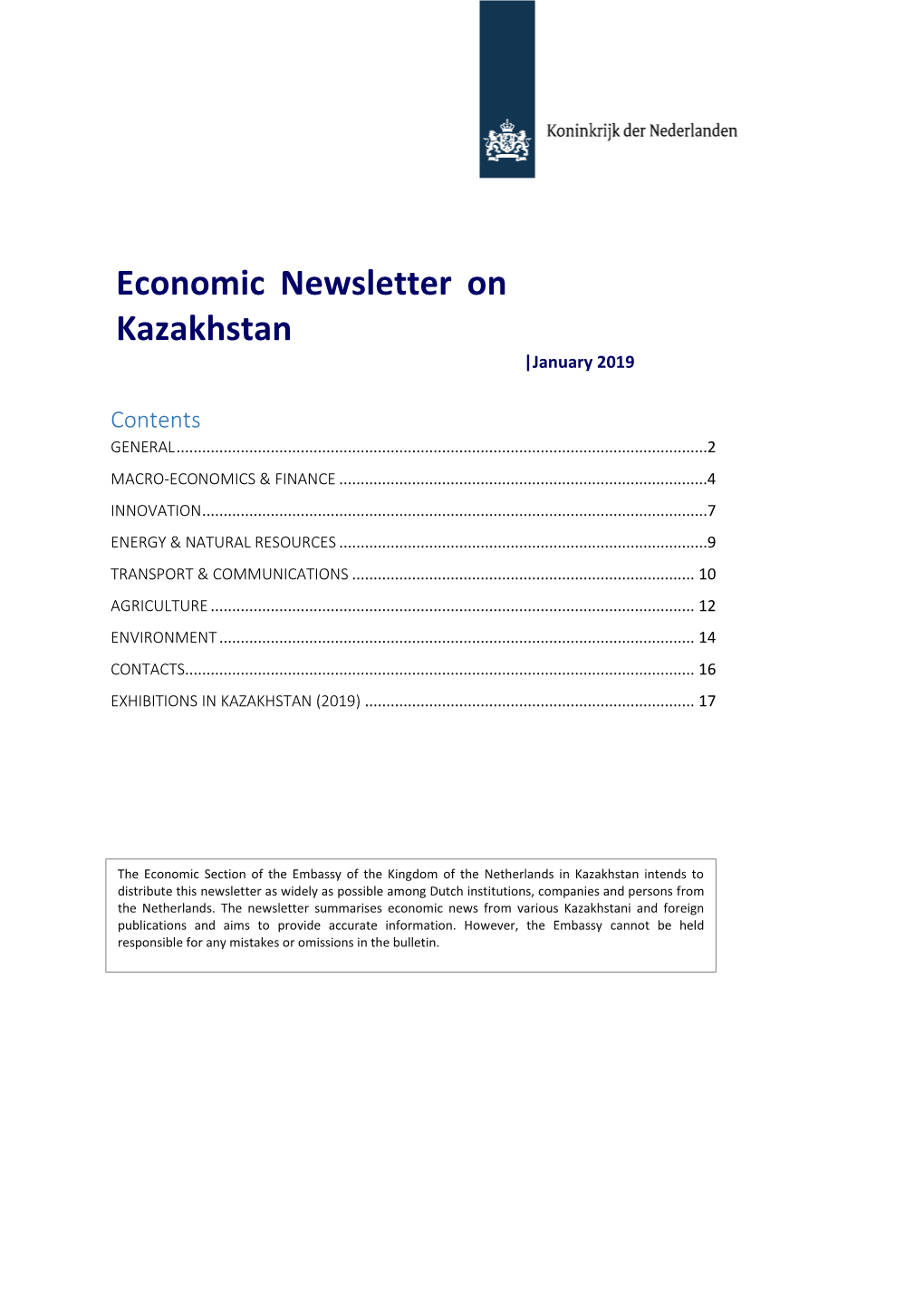 Economic Newsletter on Kazakhstan Appears Every Month and Is Distributed by E-Mail