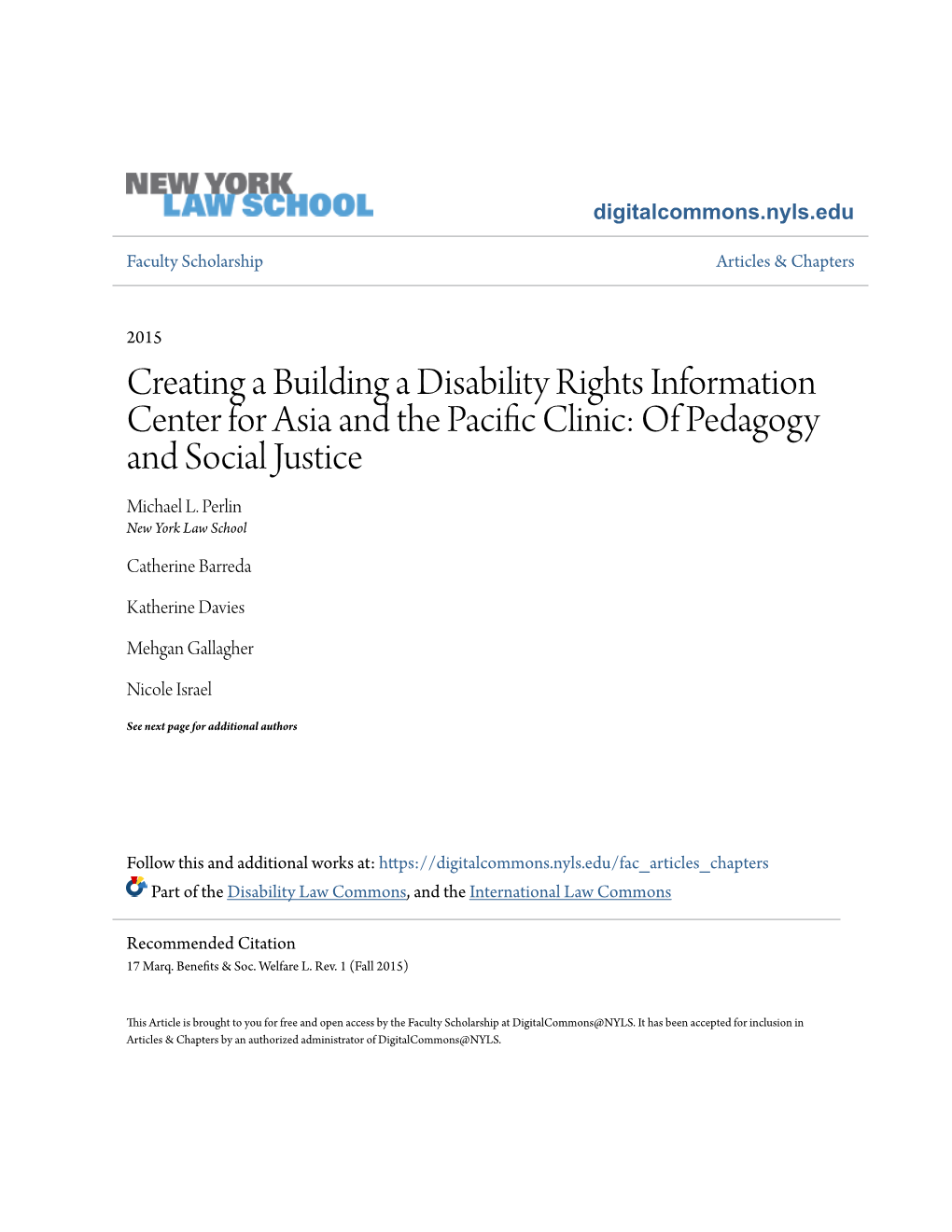 Creating a Building a Disability Rights Information Center for Asia and the Pacific Linic:C of Pedagogy and Social Justice Michael L