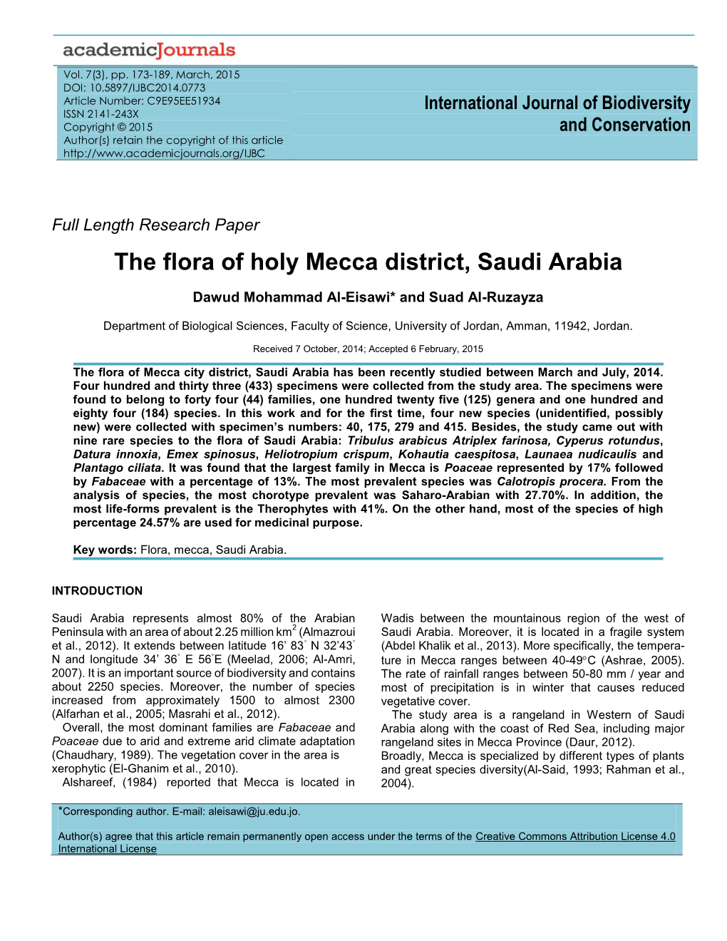 The Flora of Holy Mecca District, Saudi Arabia