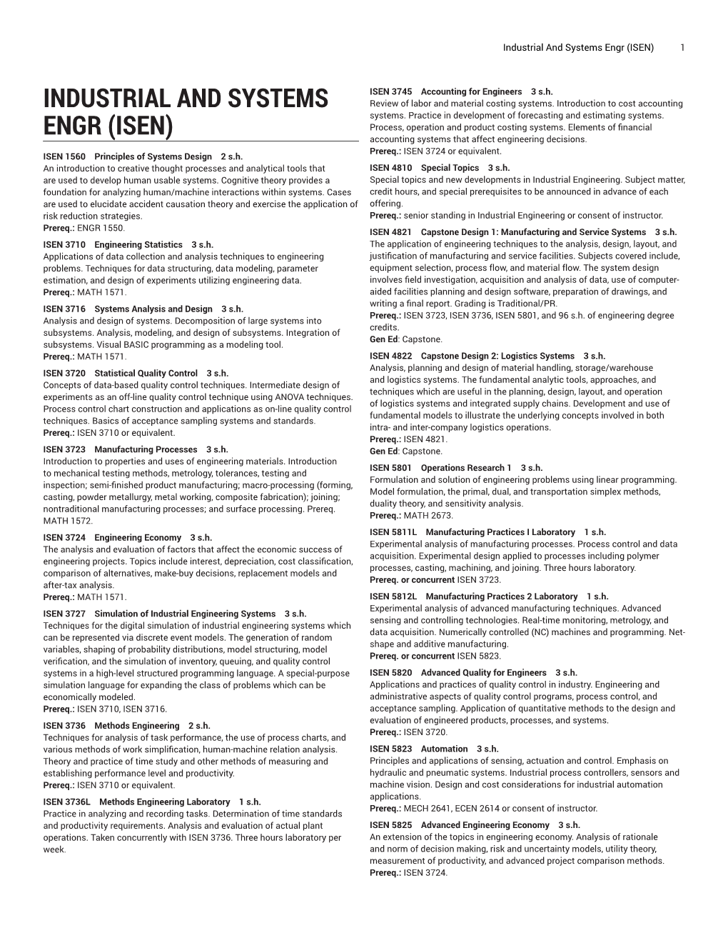 Industrial and Systems Engr (ISEN) 1