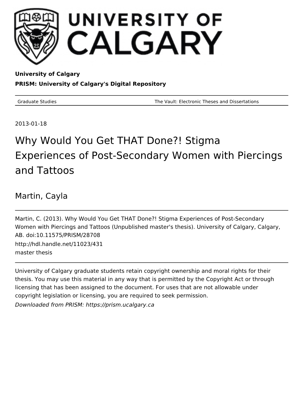 Stigma Experiences of Post-Secondary Women with Piercings and Tattoos