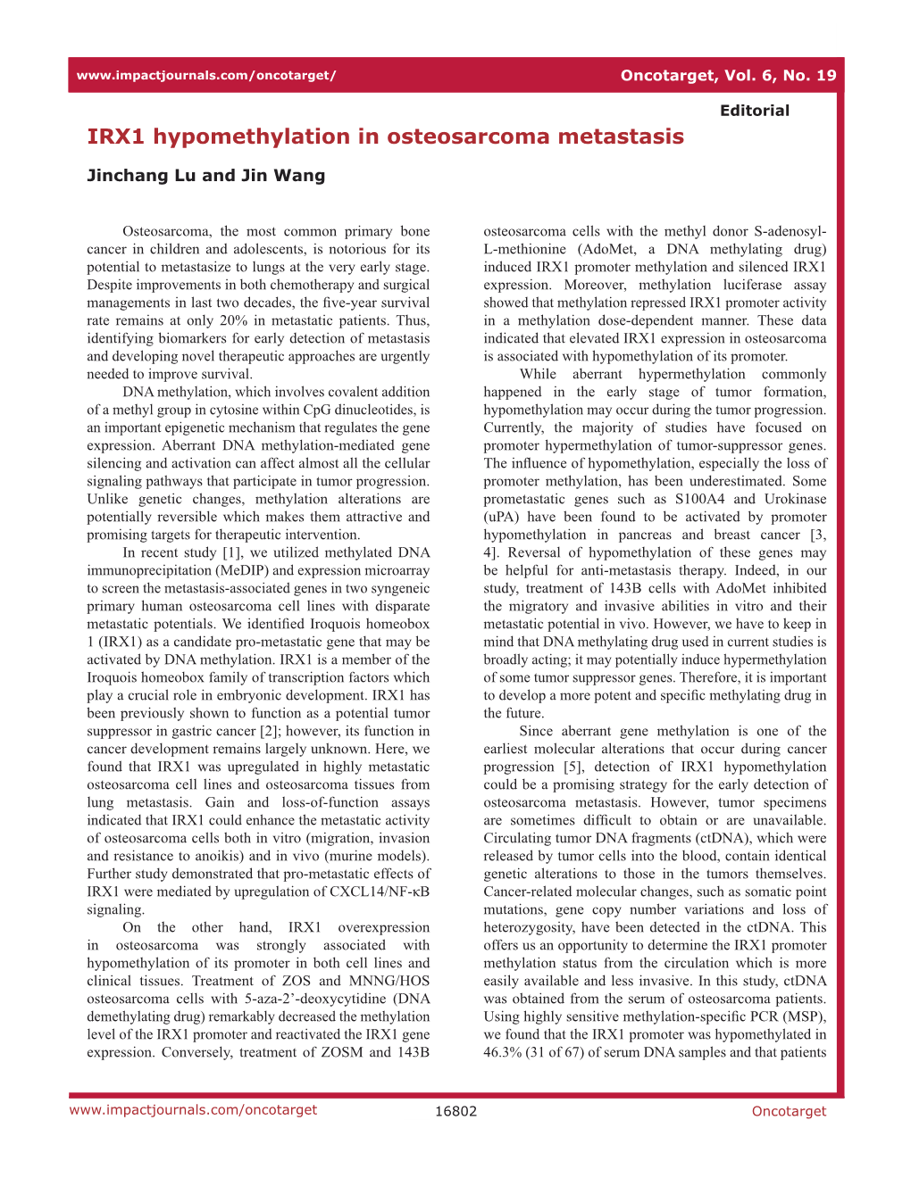 IRX1 Hypomethylation in Osteosarcoma Metastasis