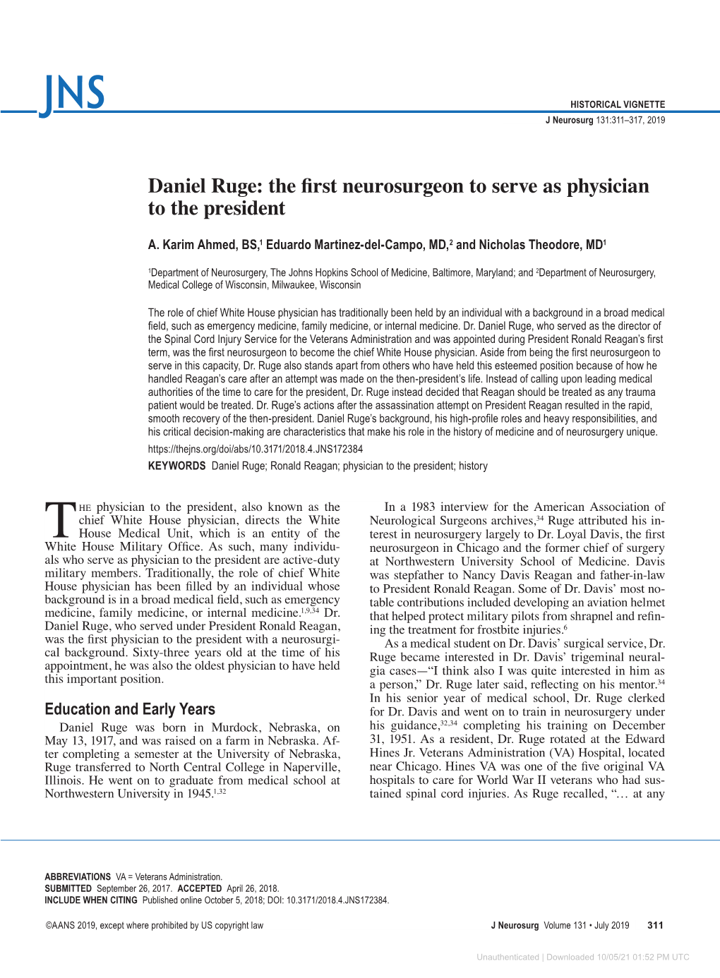 Daniel Ruge: the First Neurosurgeon to Serve As Physician to the President