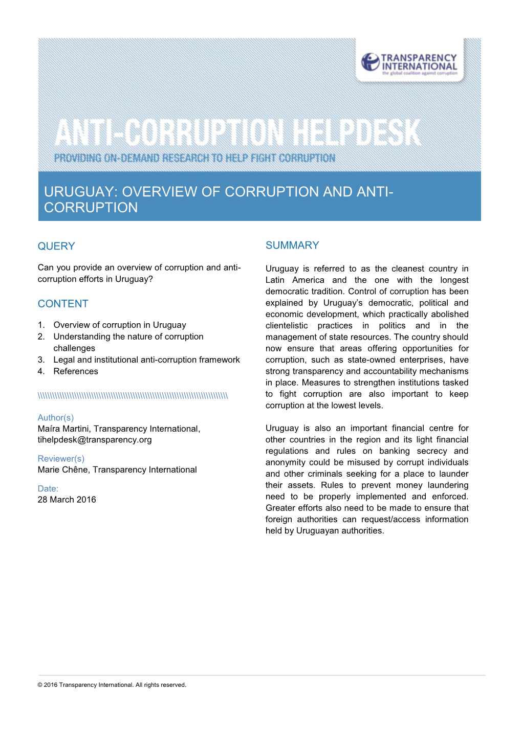 Uruguay: Overview of Corruption and Anti- Corruption