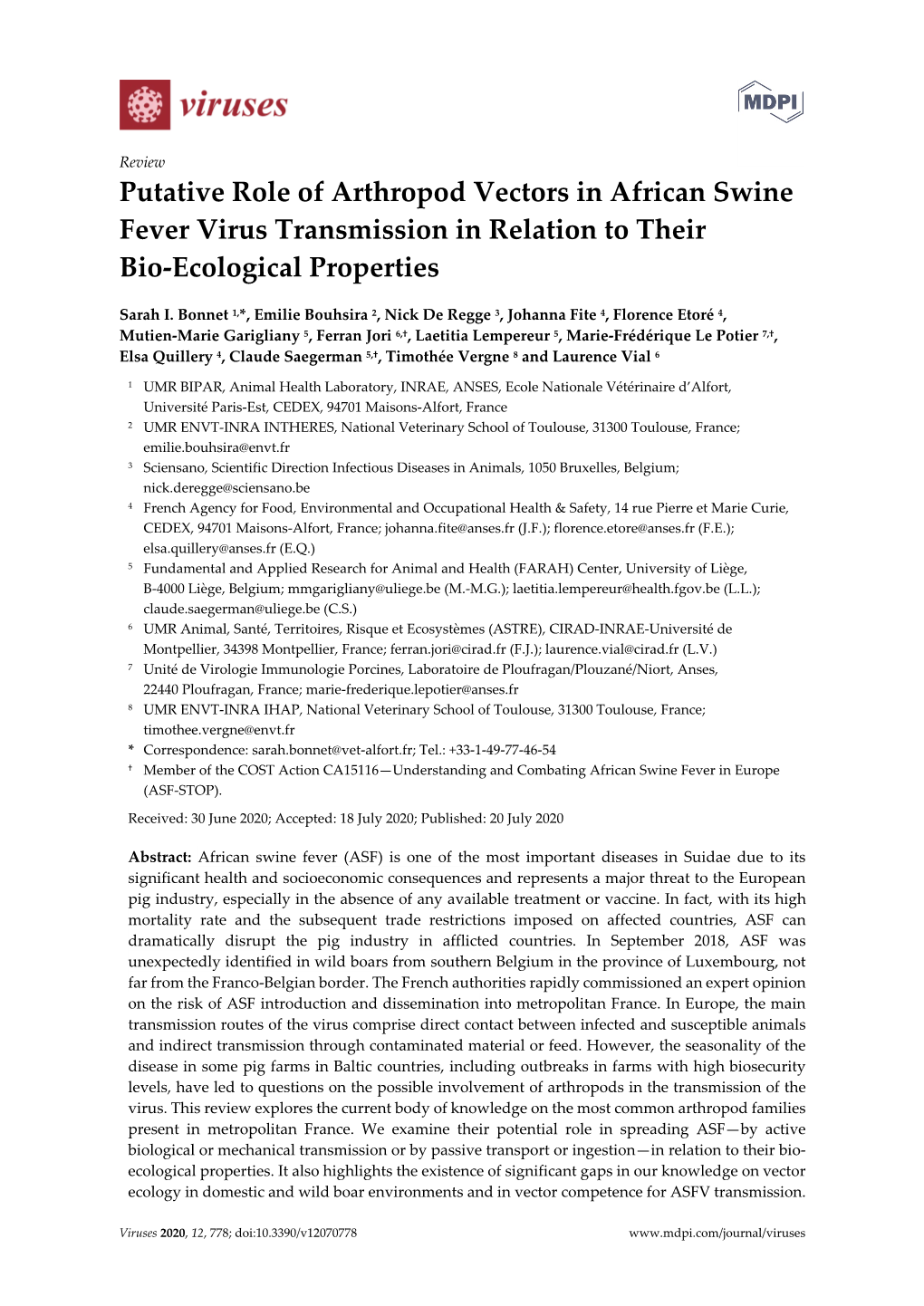 Putative Role of Arthropod Vectors in African Swine Fever Virus Transmission in Relation to Their Bio-Ecological Properties