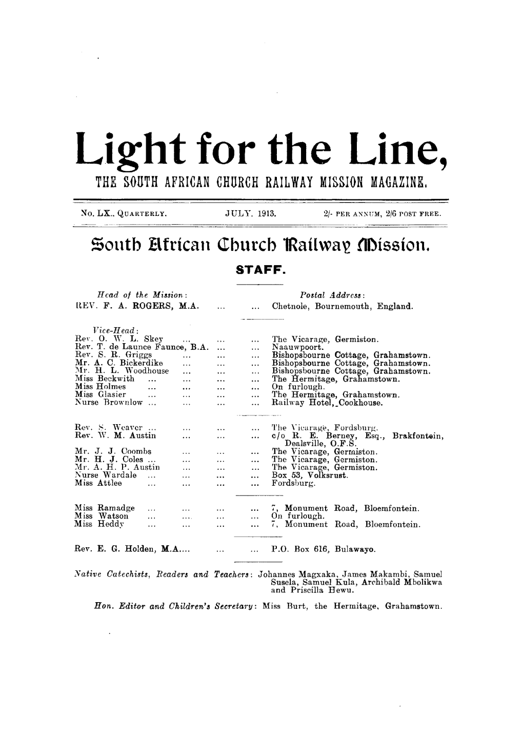 Light for the Line, the SOOTH AFRICAN CHURCH RAILWAY MISSION MAGAZINE