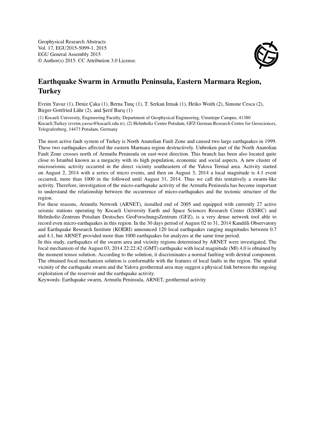 Earthquake Swarm in Armutlu Peninsula, Eastern Marmara Region, Turkey