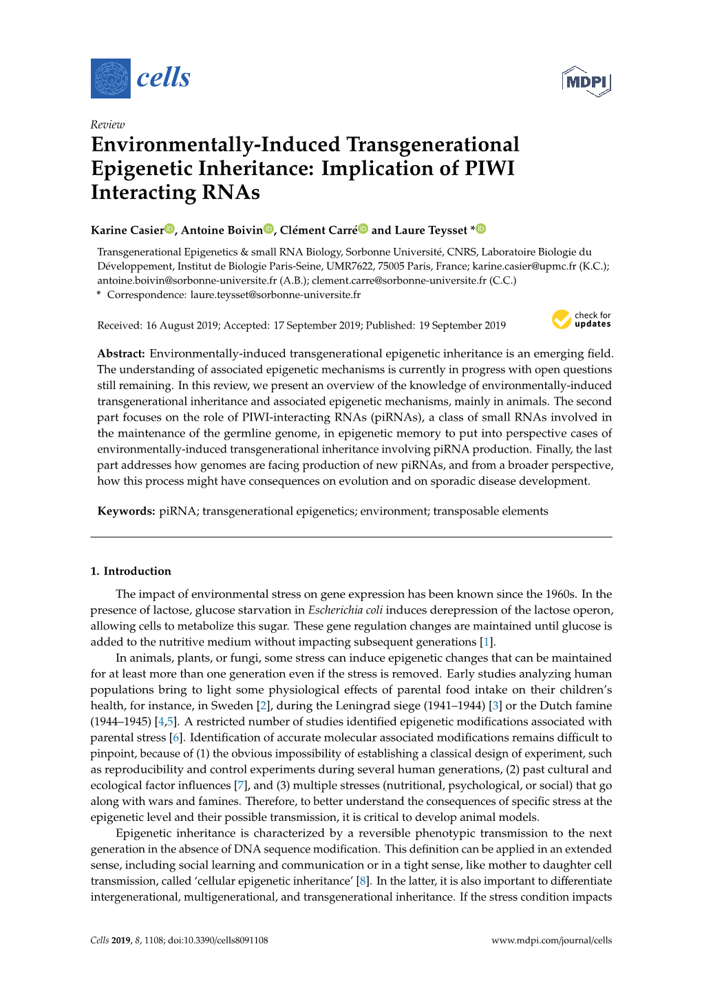 Environmentally-Induced Transgenerational Epigenetic Inheritance: Implication of PIWI Interacting Rnas