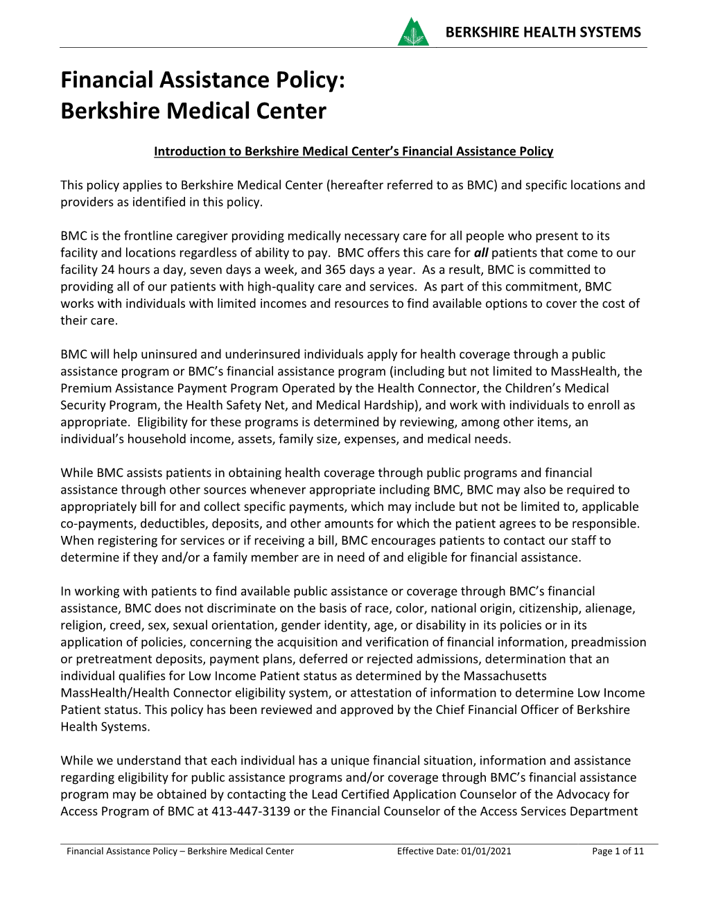 Financial Assistance Policy: Berkshire Medical Center