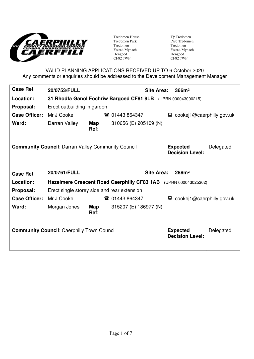 VALID PLANNING APPLICATIONS RECEIVED up to 6 October 2020 Any Comments Or Enquiries Should Be Addressed to the Development Management Manager