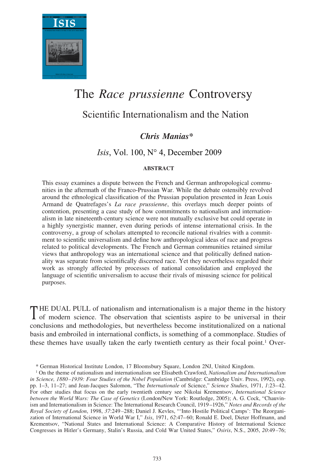 The Race Prussienne Controversy: Scientific Internationalism and the Nation