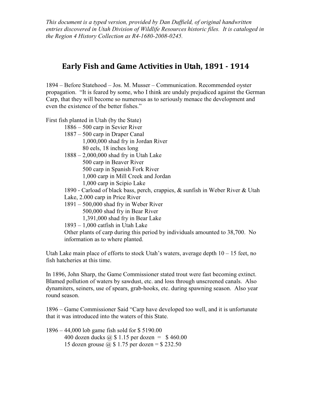 Early Fish and Game Activities in Utah, 1891 - 1914