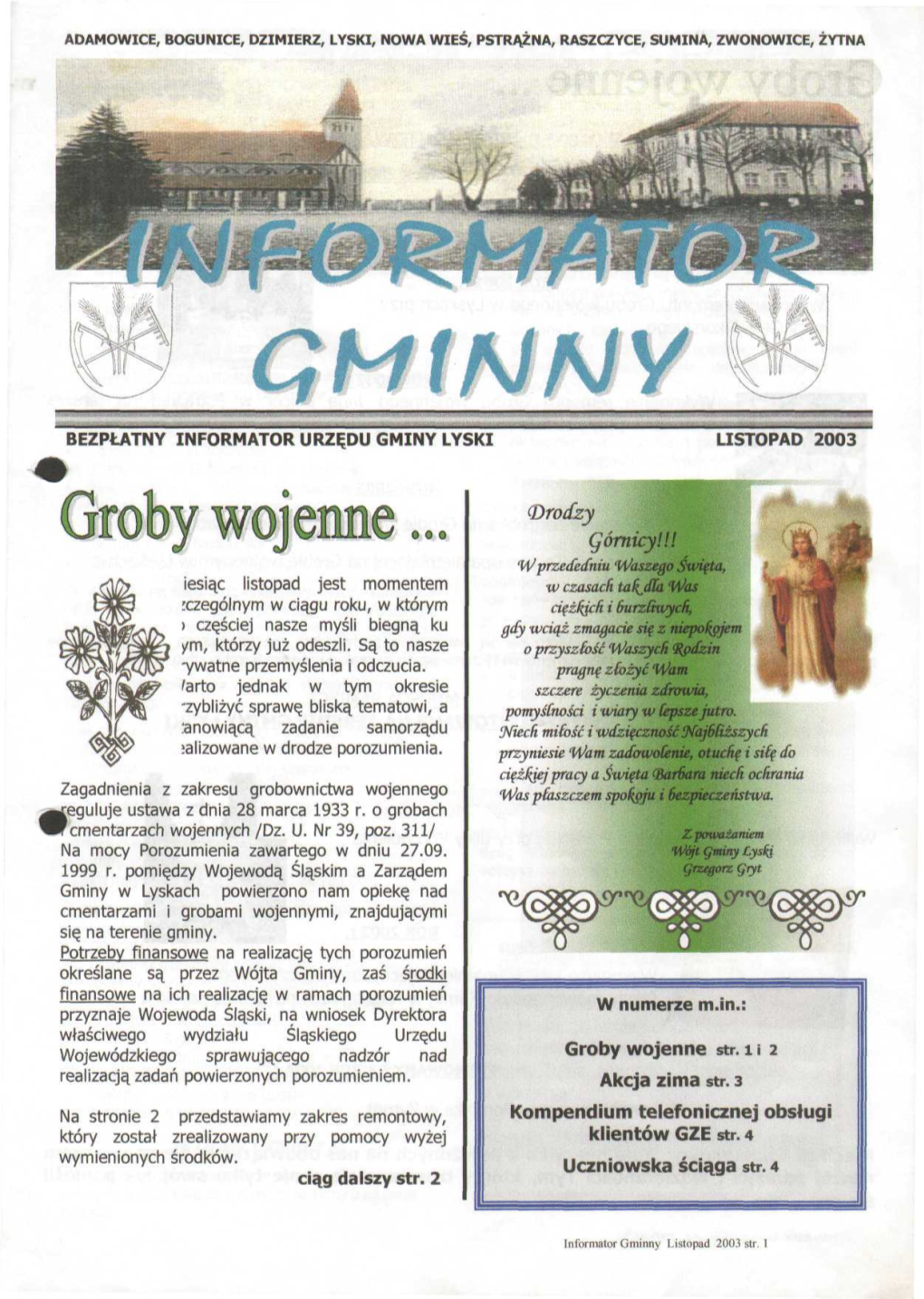 Gminny Bezpłatny Informator Urzędu Gminy Łyski Listopad 2003