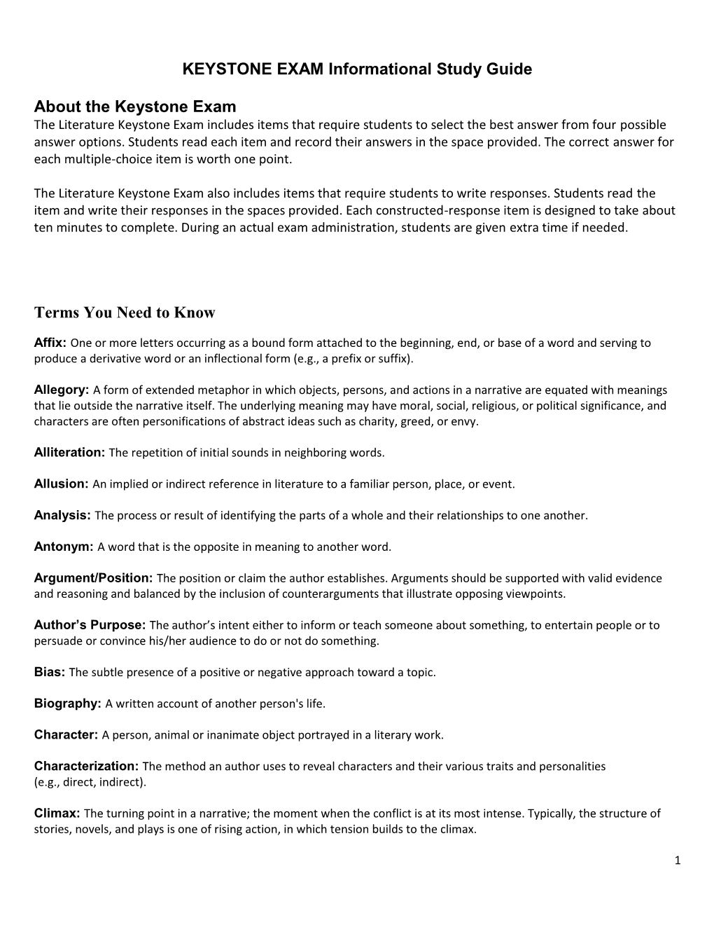 KEYSTONE EXAM Informational Study Guide About the Keystone