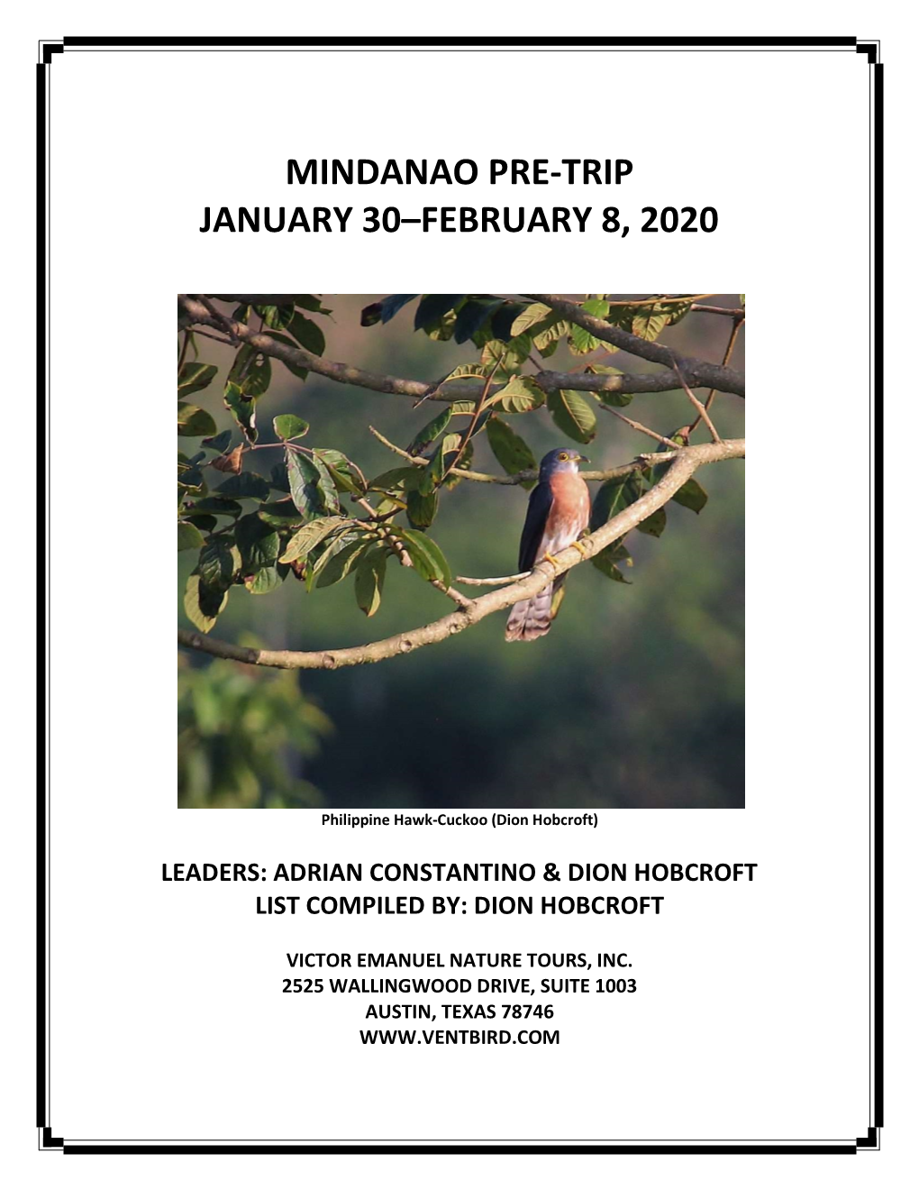 Mindanao Pre-Trip January 30–February 8, 2020