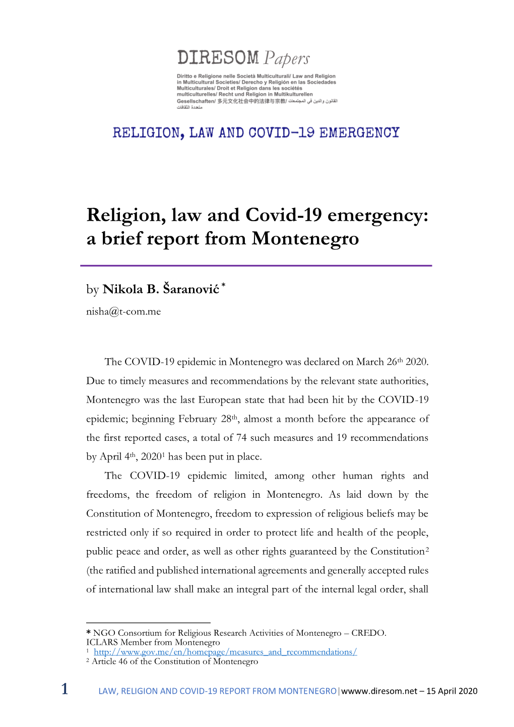 LAW, RELIGION and COVID-19 REPORT from MONTENEGRO|W – 15 April 2020