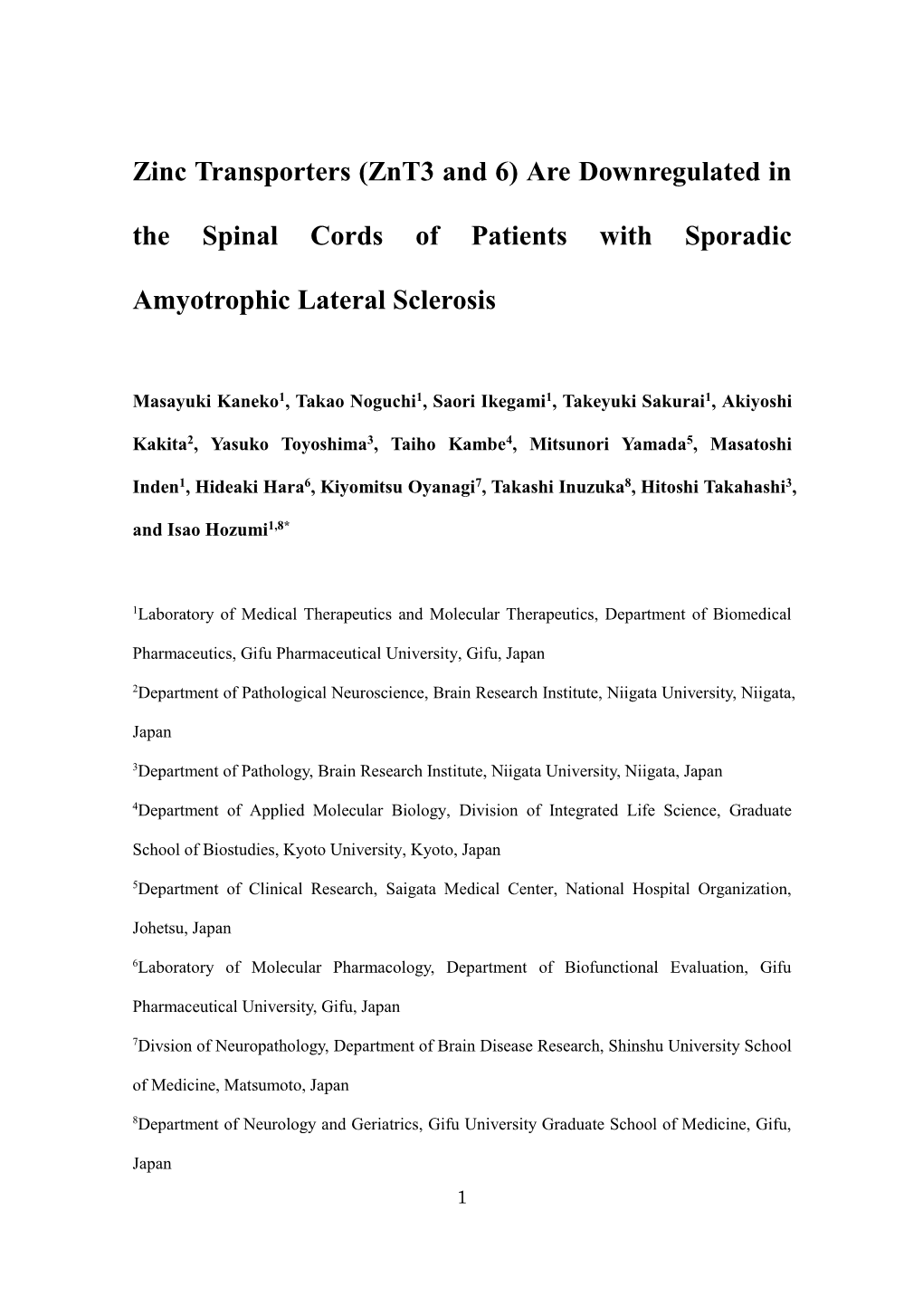 Zinc Transporters (Znt3 and 6) Are Downregulated in the Spinal Cords of Patients with Sporadic