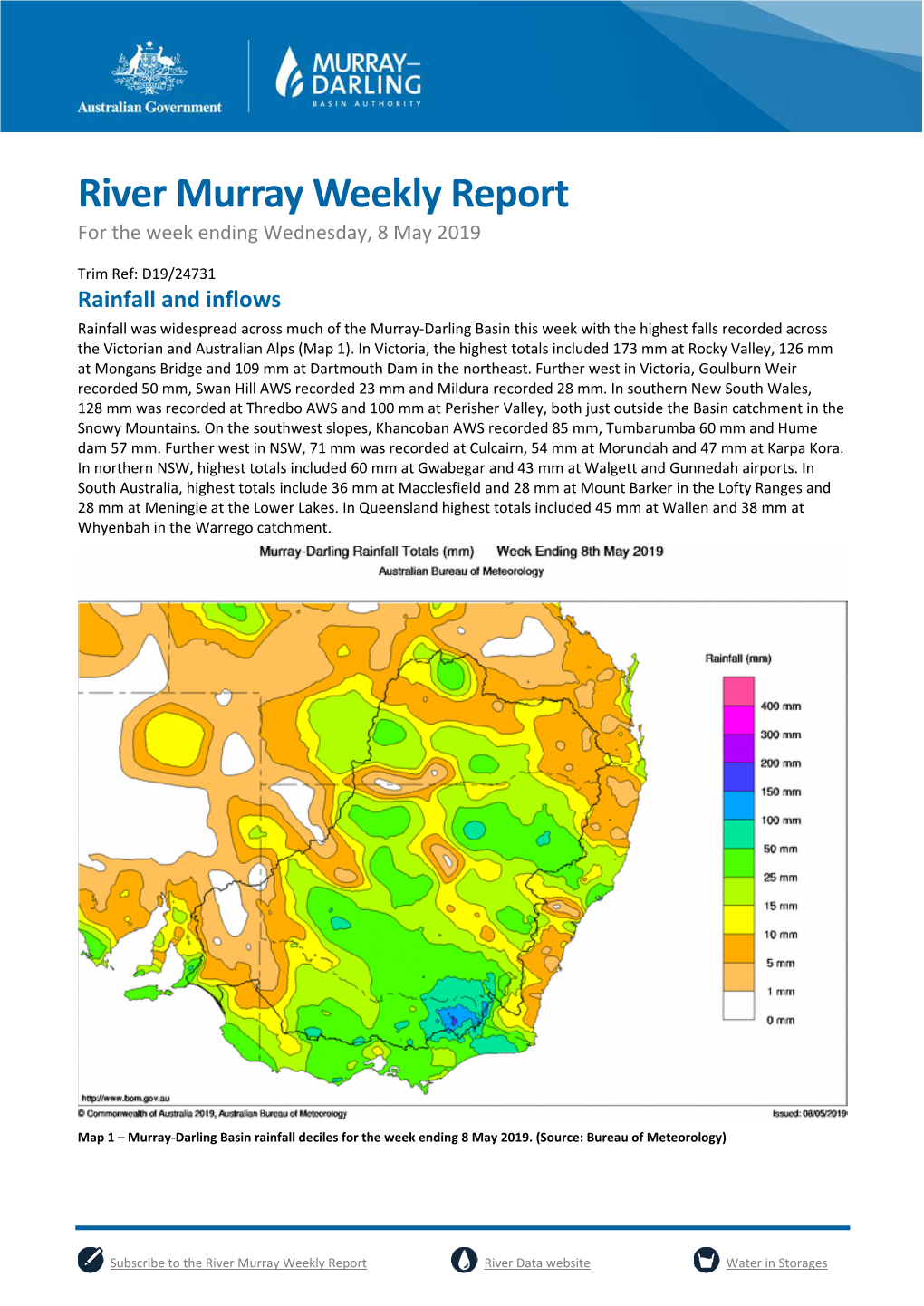 River Murray Weekly Report for the Week Ending Wednesday, 8 May 2019