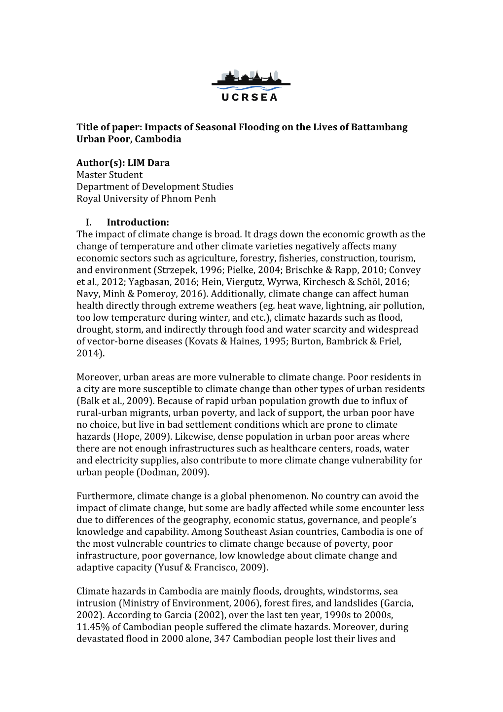 Title of Paper: Impacts of Seasonal Flooding on the Lives of Battambang Urban Poor, Cambodia