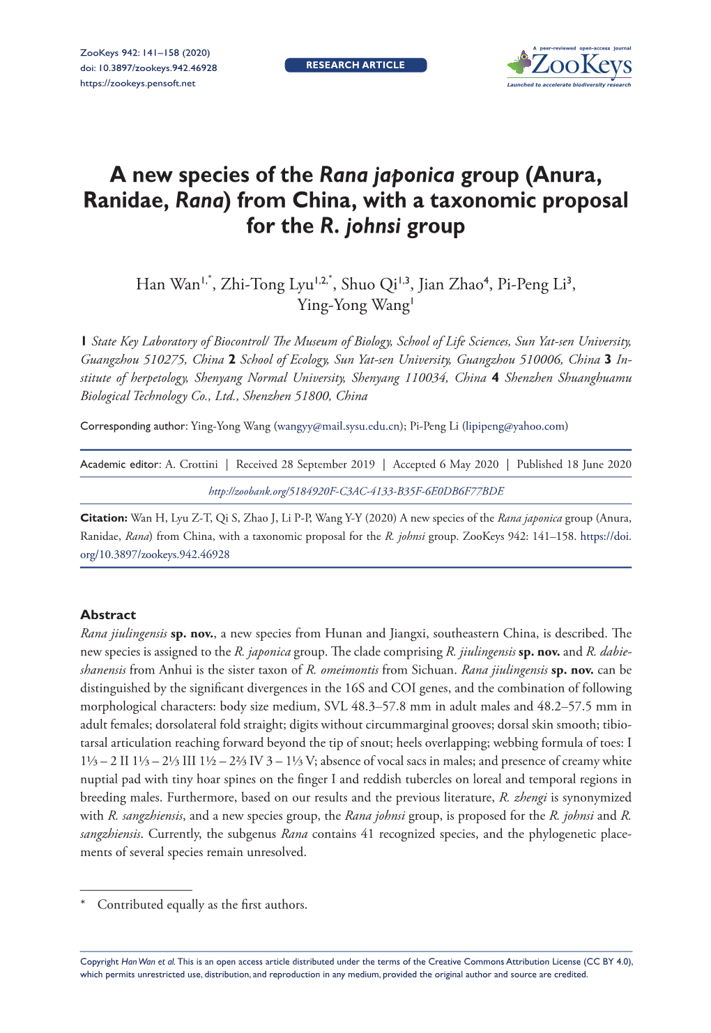 Anura, Ranidae, Rana) from China, with a Taxonomic Proposal for the R