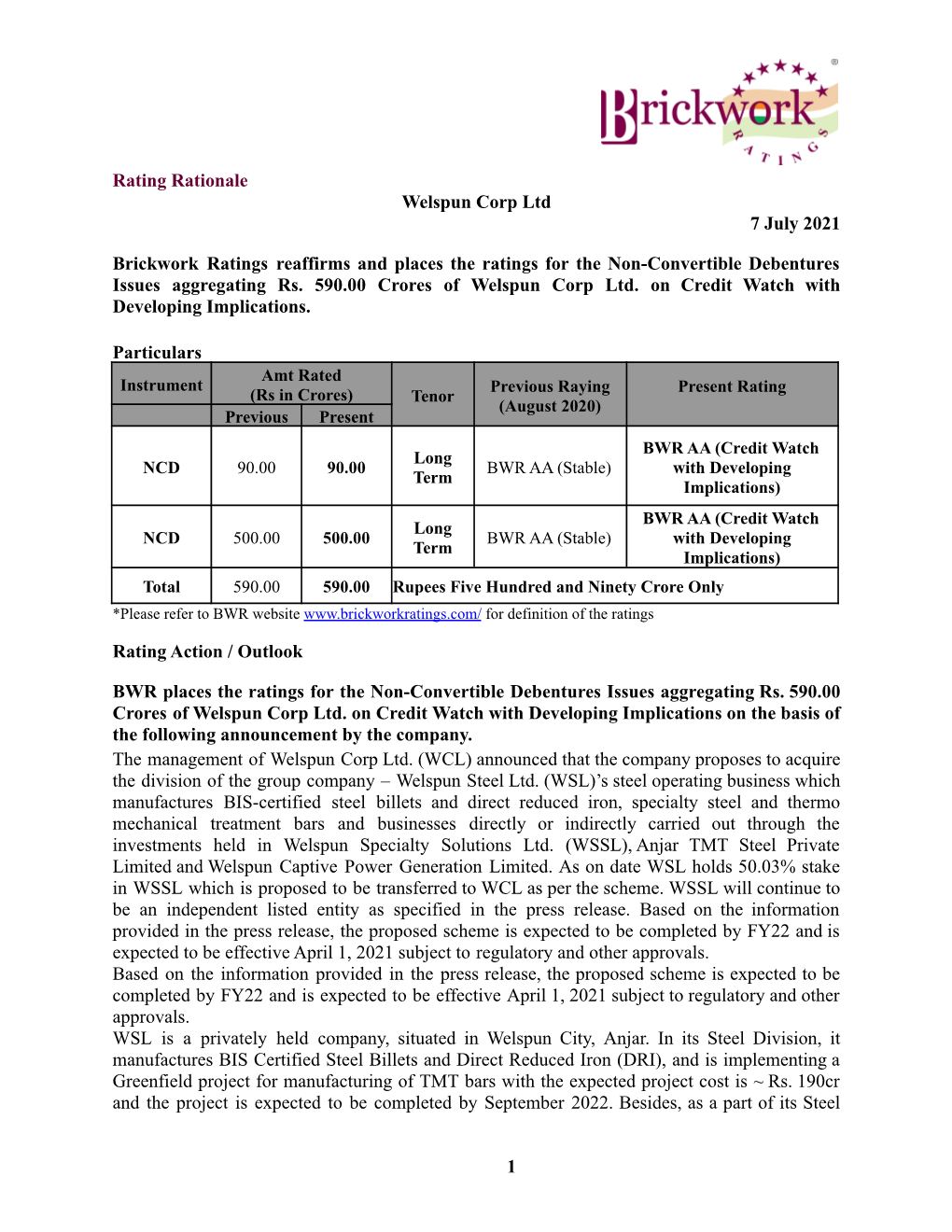 Rating Rationale Welspun Corp Ltd 7 July 2021 Brickwork Ratings