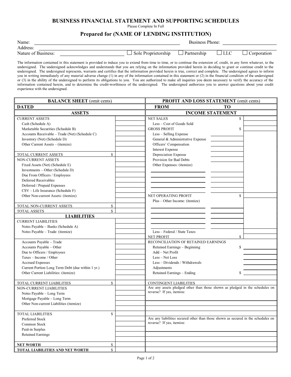 Business Financial Statement and Supporting Schedules