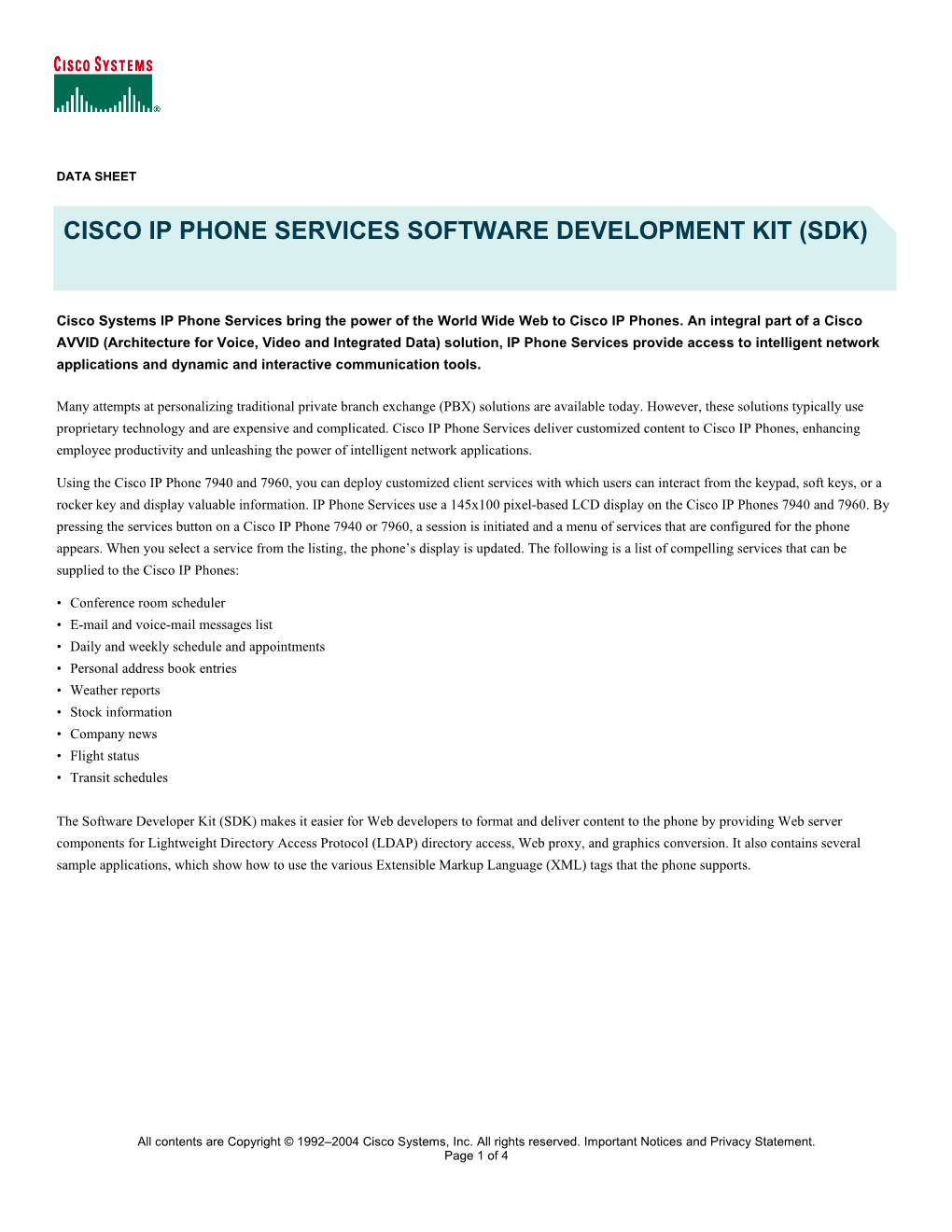 Cisco Ip Phone Services Software Development Kit (Sdk)