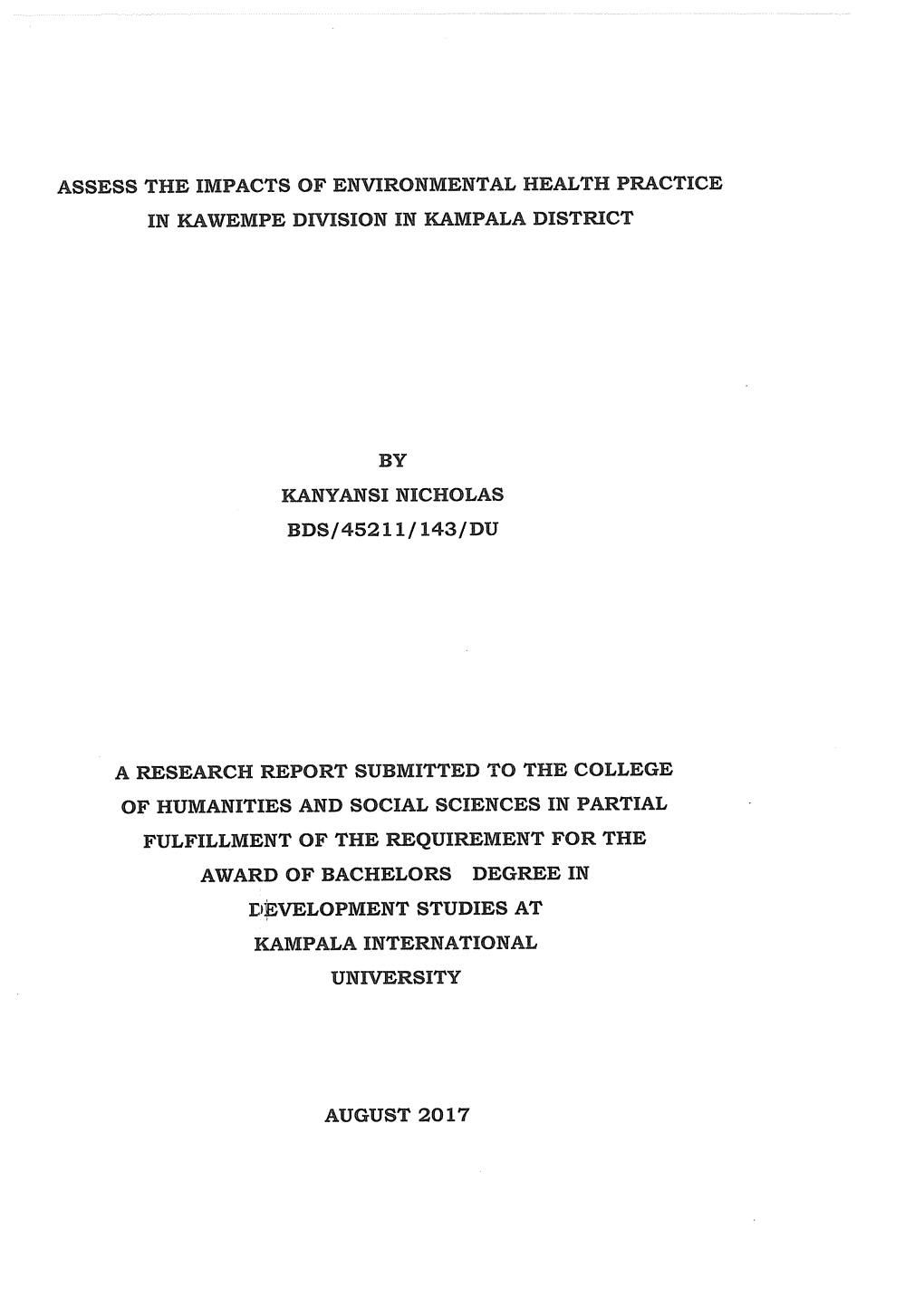 Assess the Impacts of Environmental Health Practice in Kawempe Division in Kampala District