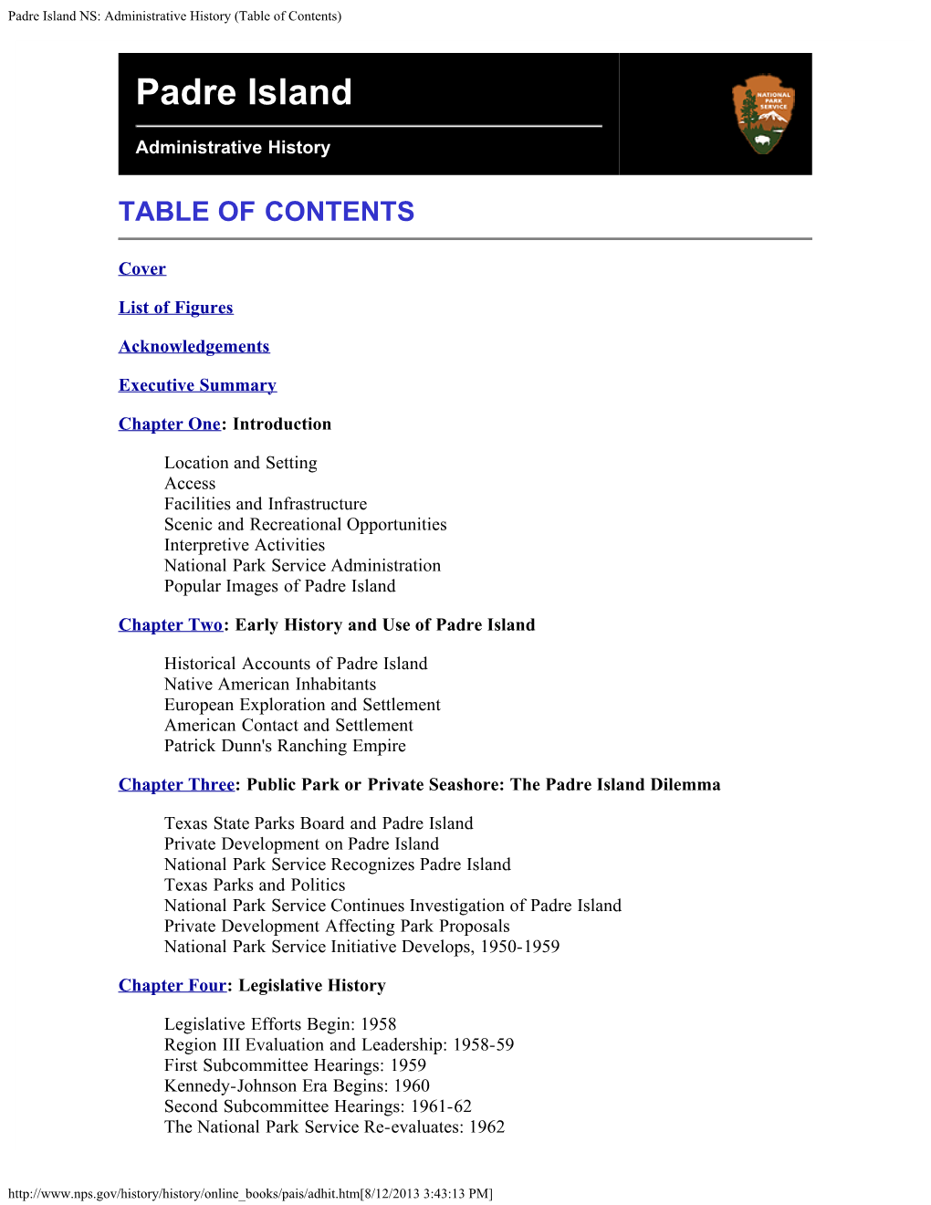 Padre Island NS: Administrative History (Table of Contents)