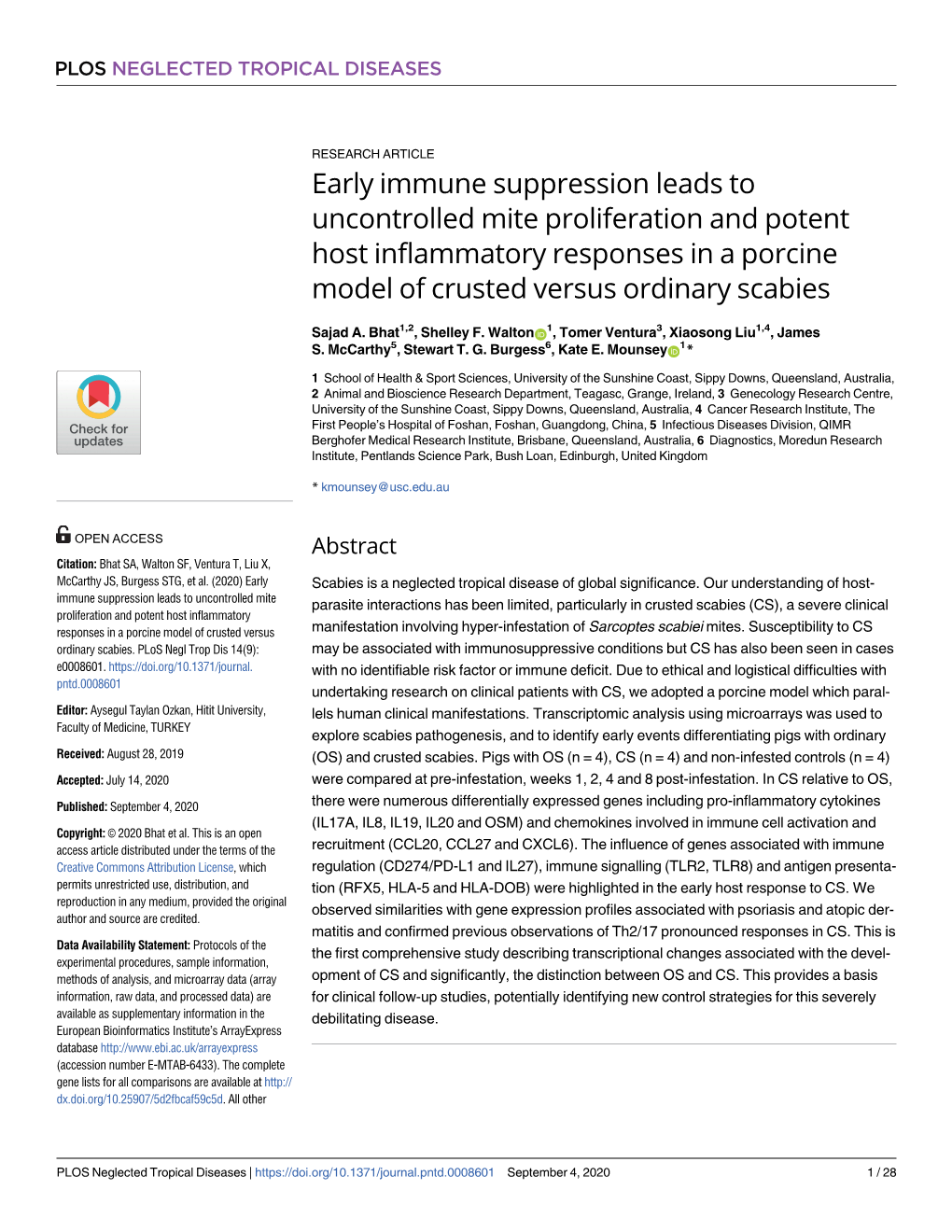 Early Immune Suppression Leads to Uncontrolled Mite Proliferation and Potent Host Inflammatory Responses in a Porcine Model of Crusted Versus Ordinary Scabies