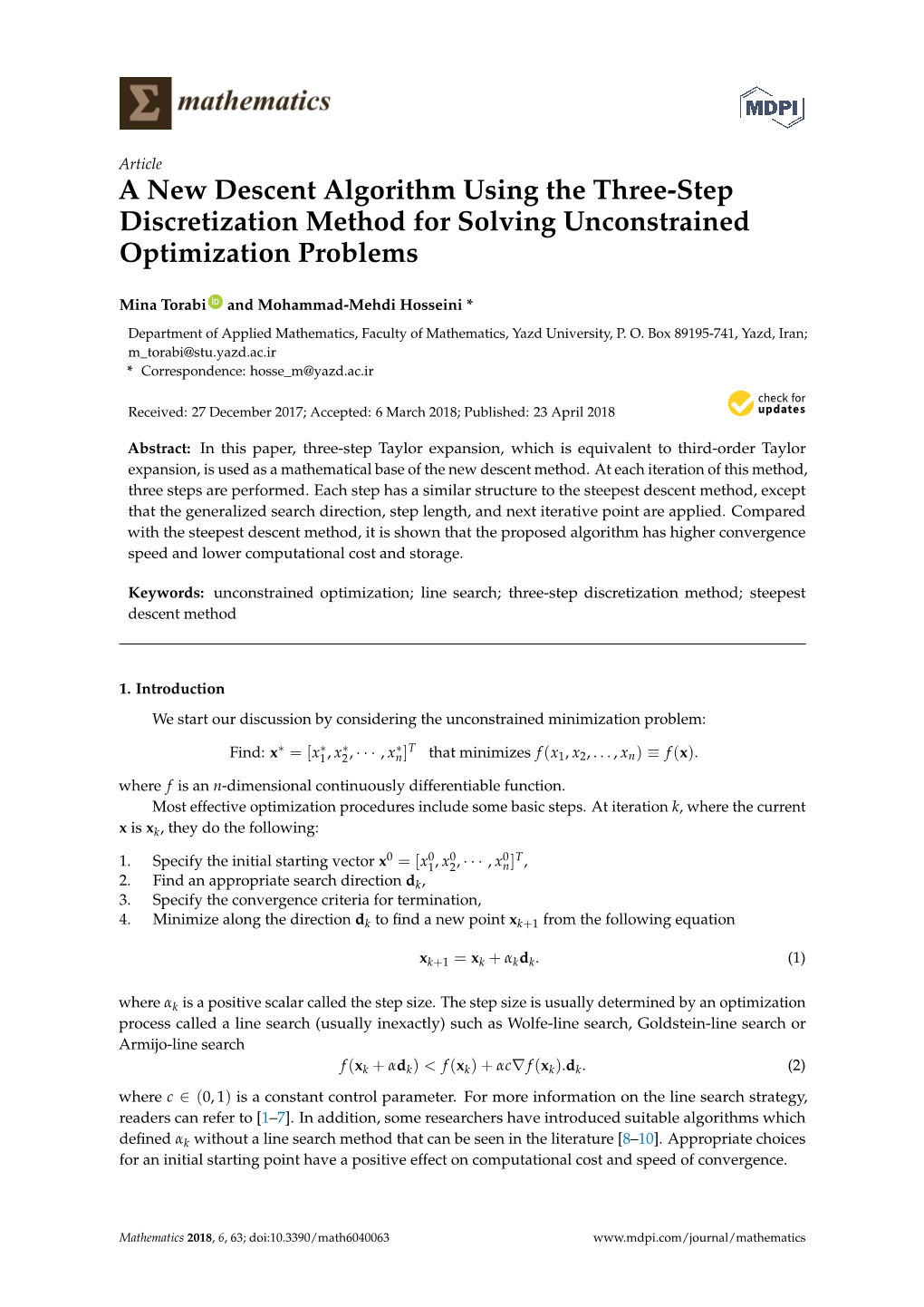 A New Descent Algorithm Using the Three-Step Discretization Method for Solving Unconstrained Optimization Problems