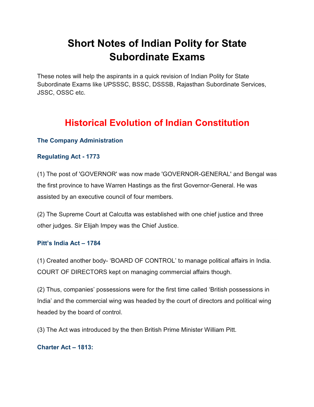 Short Notes of Indian Polity for State Subordinate Exams