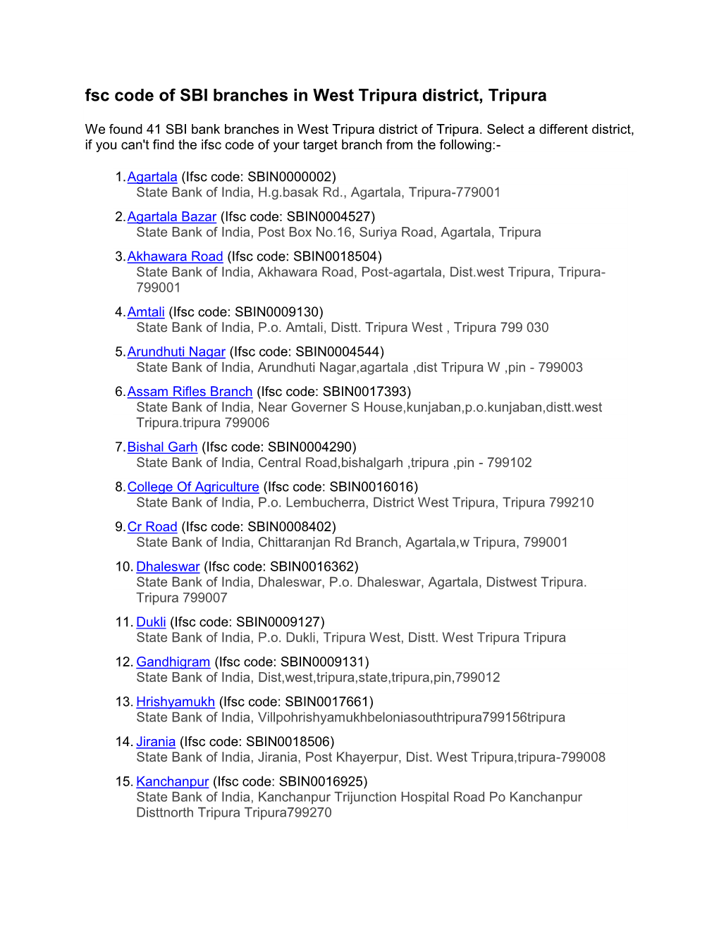 Fsc Code of SBI Branches in West Tripura District, Tripura