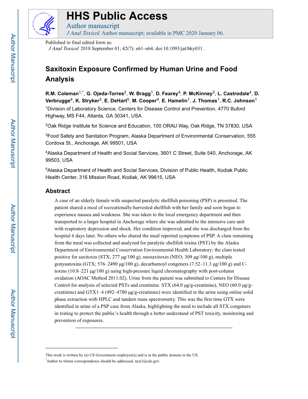 Saxitoxin Exposure Confirmed by Human Urine and Food Analysis