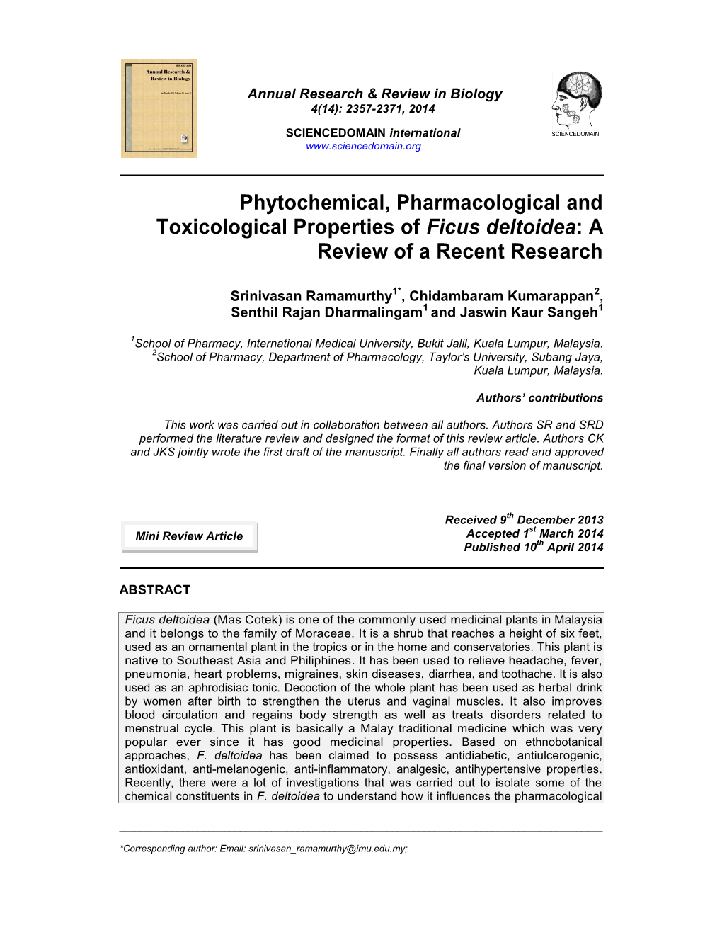 Phytochemical, Pharmacological and Toxicological Properties of Ficus Deltoidea: a Review of a Recent Research