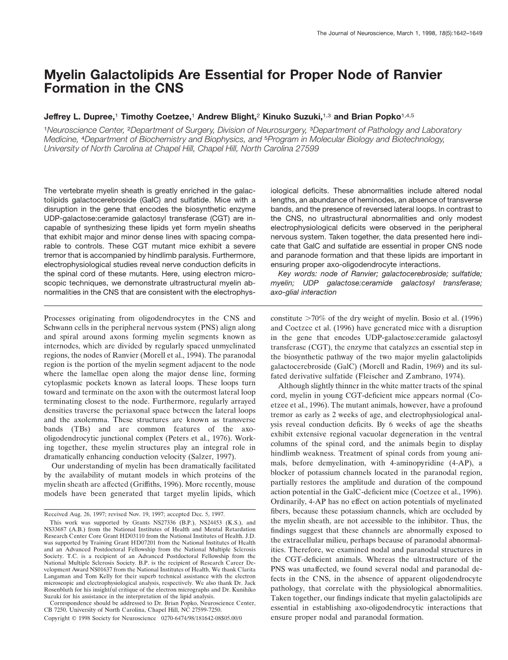 Myelin Galactolipids Are Essential for Proper Node of Ranvier Formation in the CNS