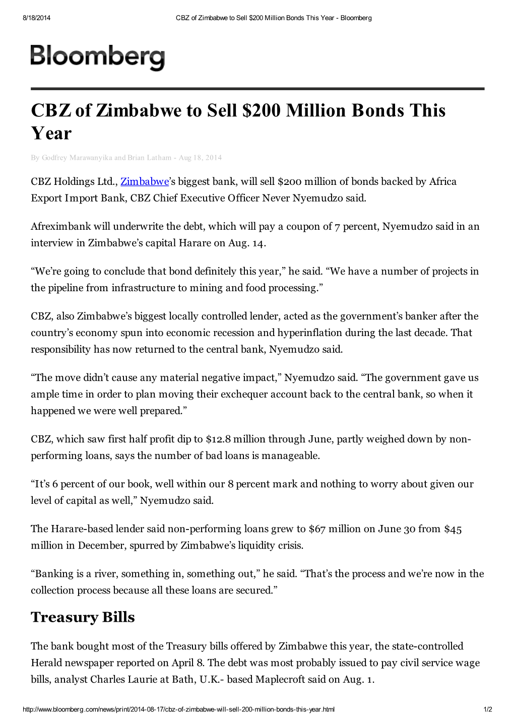 CBZ of Zimbabwe to Sell $200 Million Bonds This Year - Bloomberg