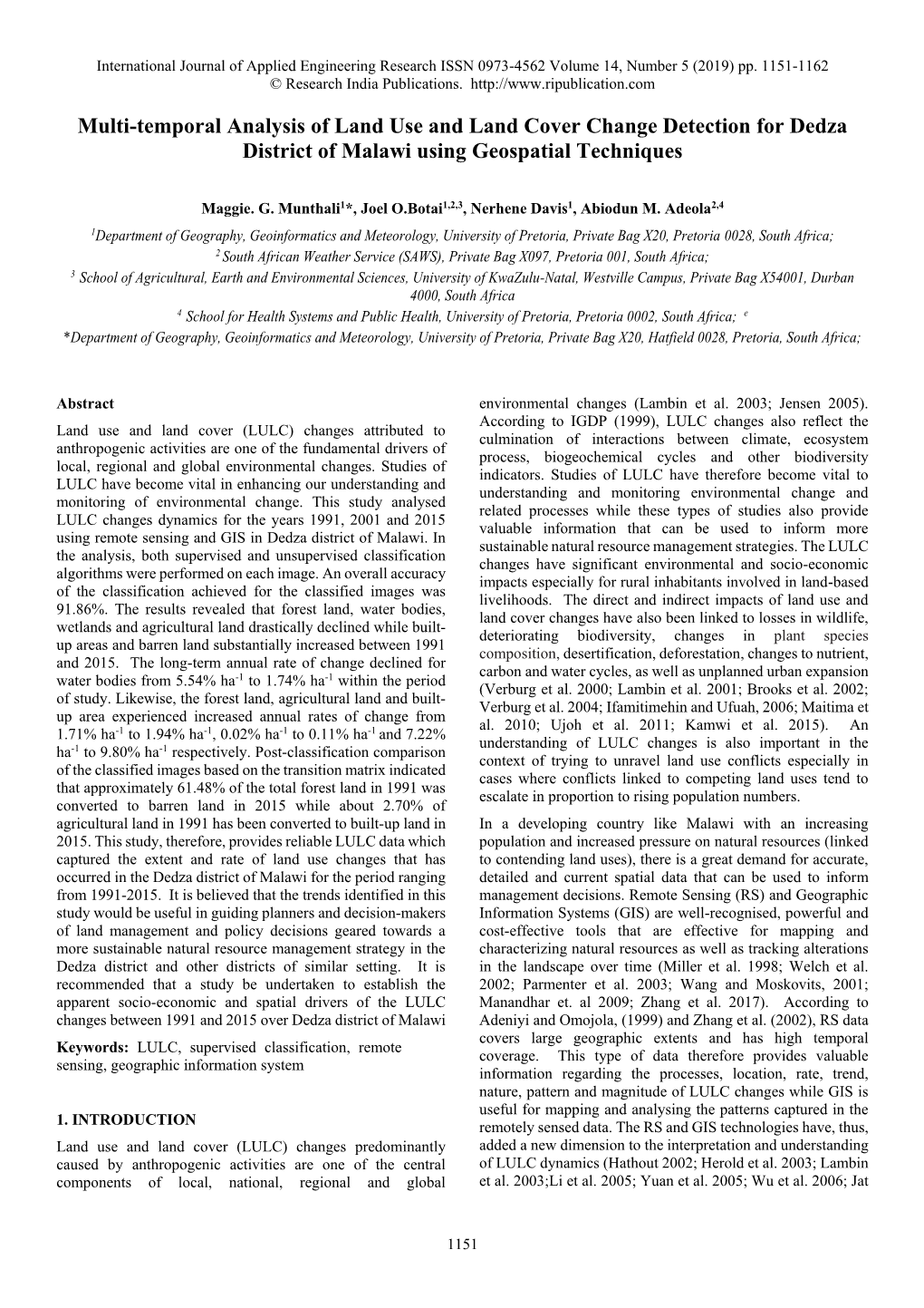 Multi-Temporal Analysis of Land Use and Land Cover Change Detection for Dedza District of Malawi Using Geospatial Techniques