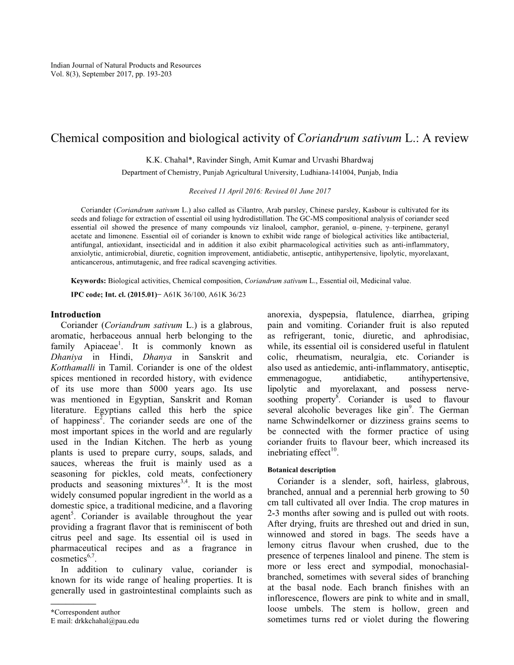 Chemical Composition and Biological Activity of Coriandrum Sativum L.: a Review