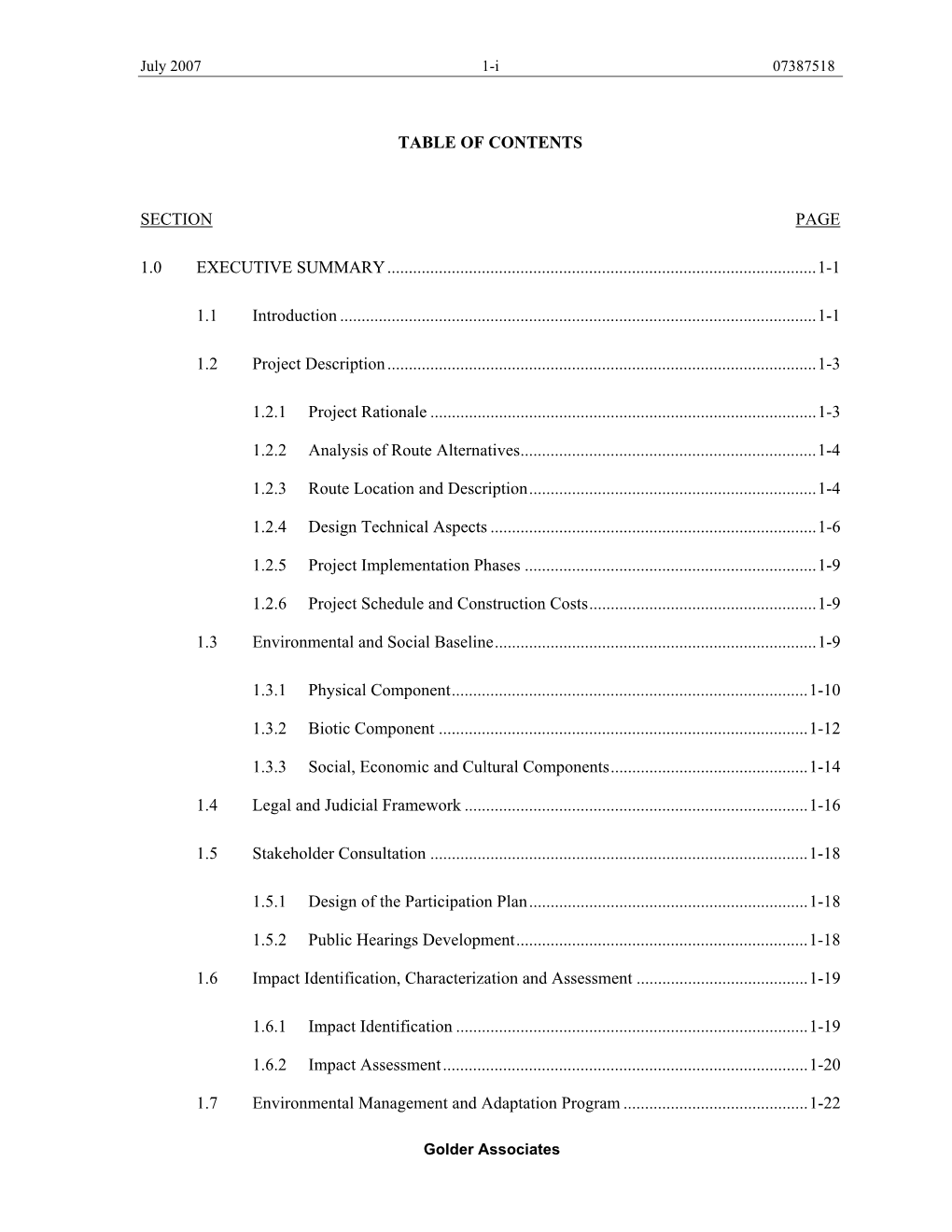 Table of Contents Section Page 1.0 Executive Summary