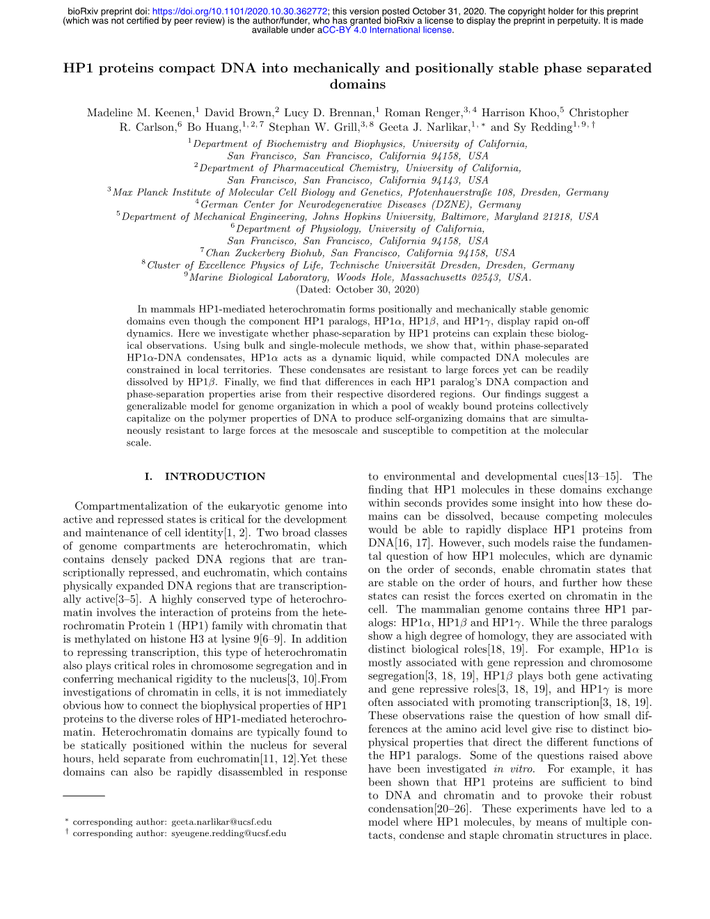 HP1 Proteins Compact DNA Into Mechanically and Positionally Stable Phase Separated Domains