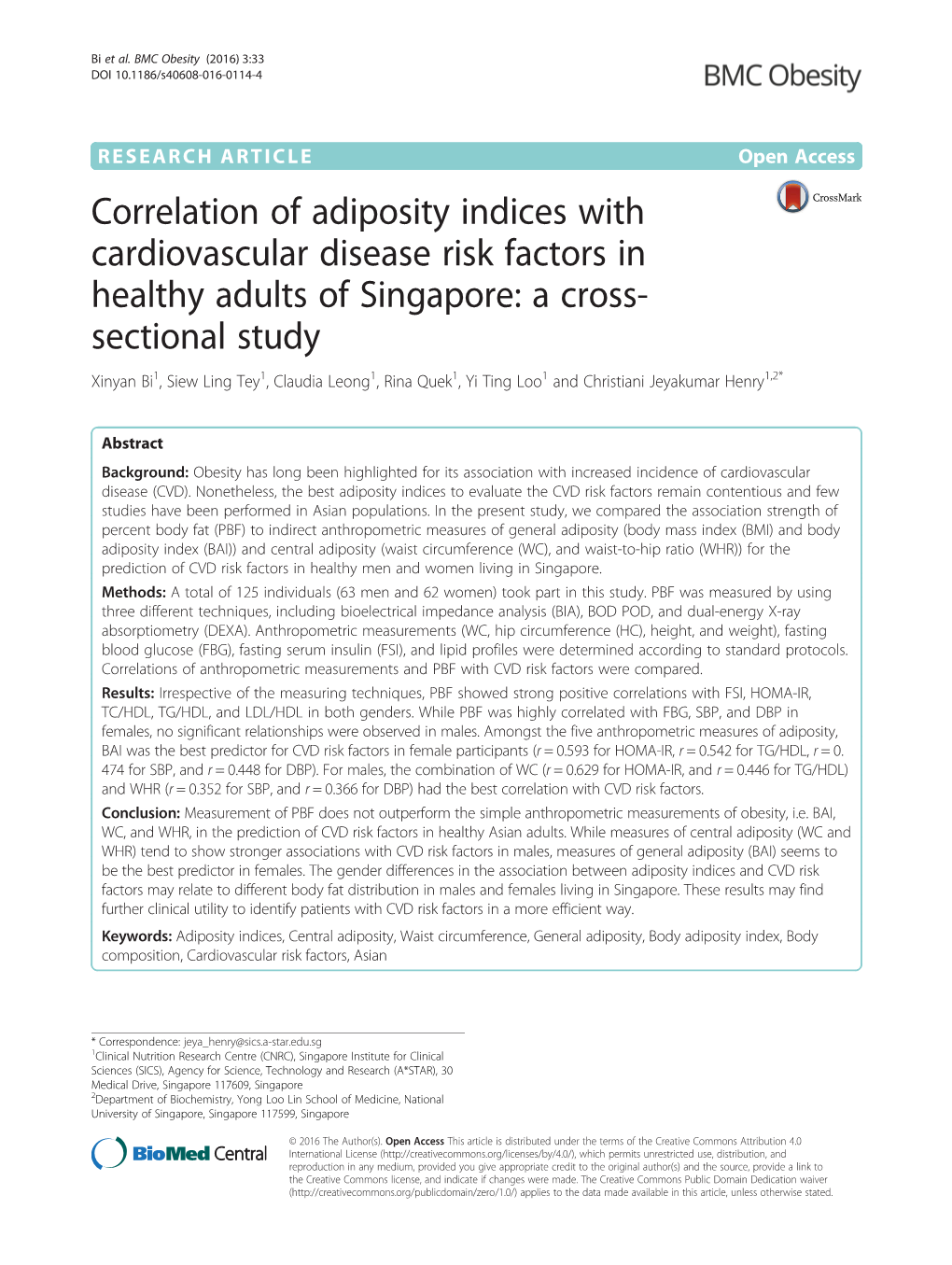 Correlation of Adiposity Indices with Cardiovascular Disease Risk Factors in Healthy Adults of Singapore