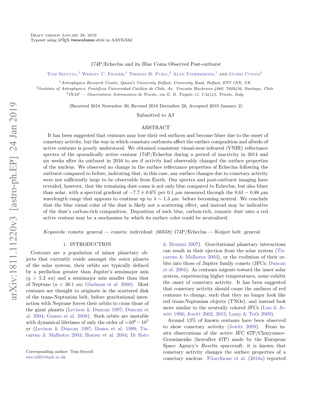 174P/Echeclus and Its Blue Coma Observed Post-Outburst