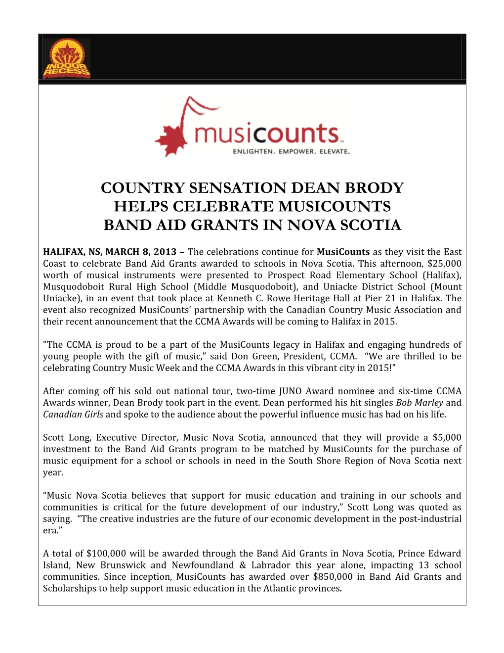 Country Sensation Dean Brody Helps Celebrate Musicounts Band Aid Grants in Nova Scotia