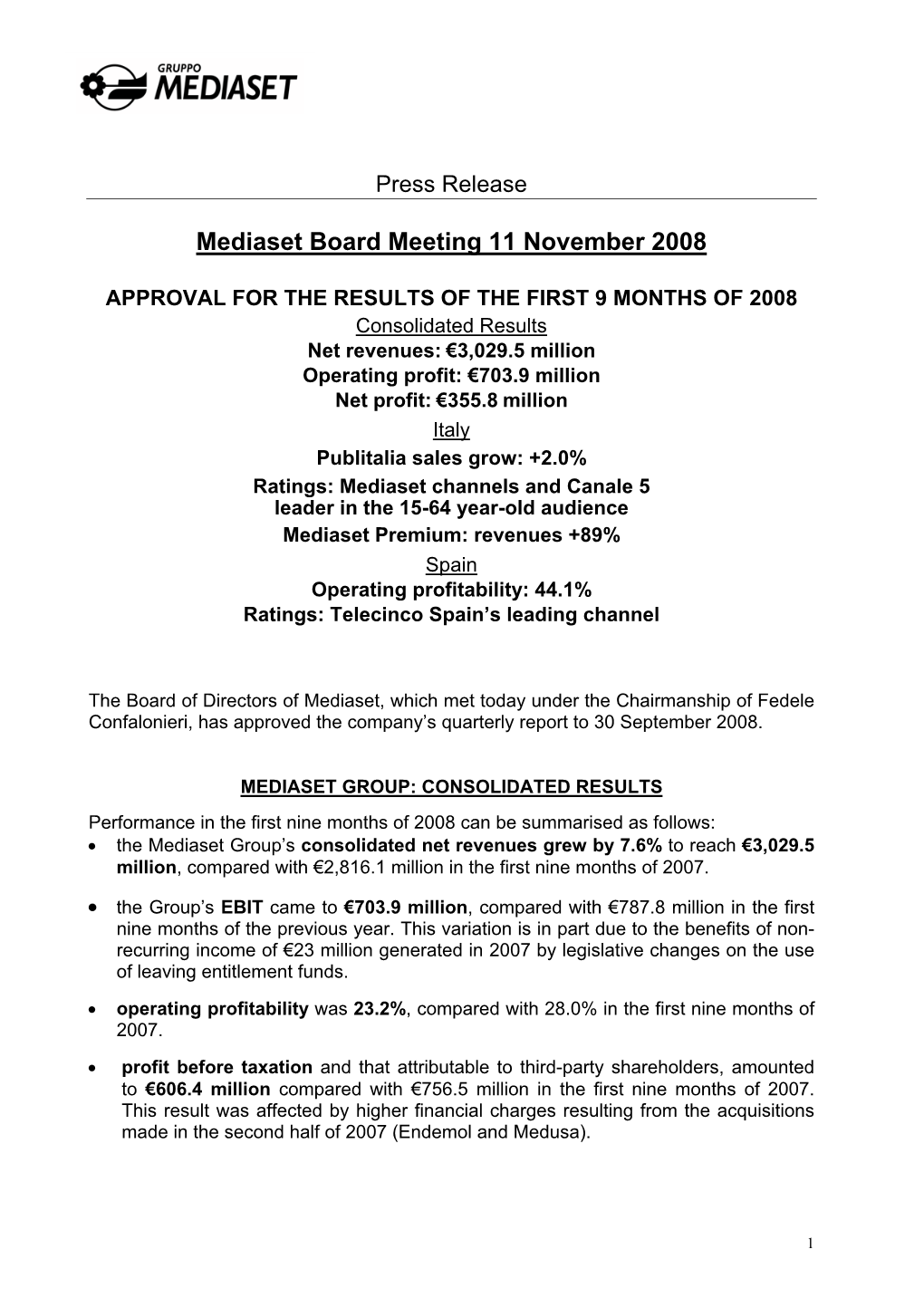 Mediaset Board Meeting 11 November 2008
