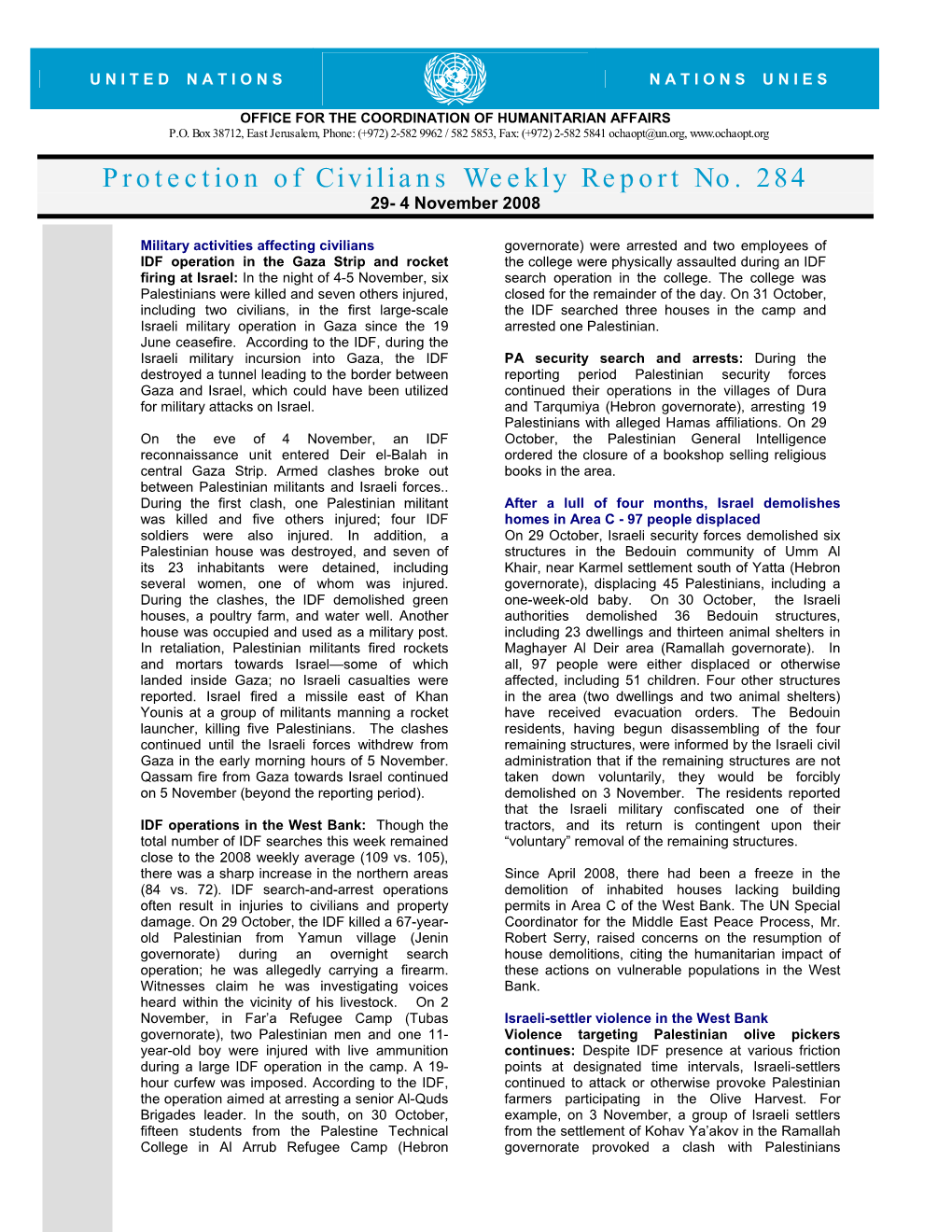 Protection of Civilians Weekly Report No. 284 29- 4 November 2008
