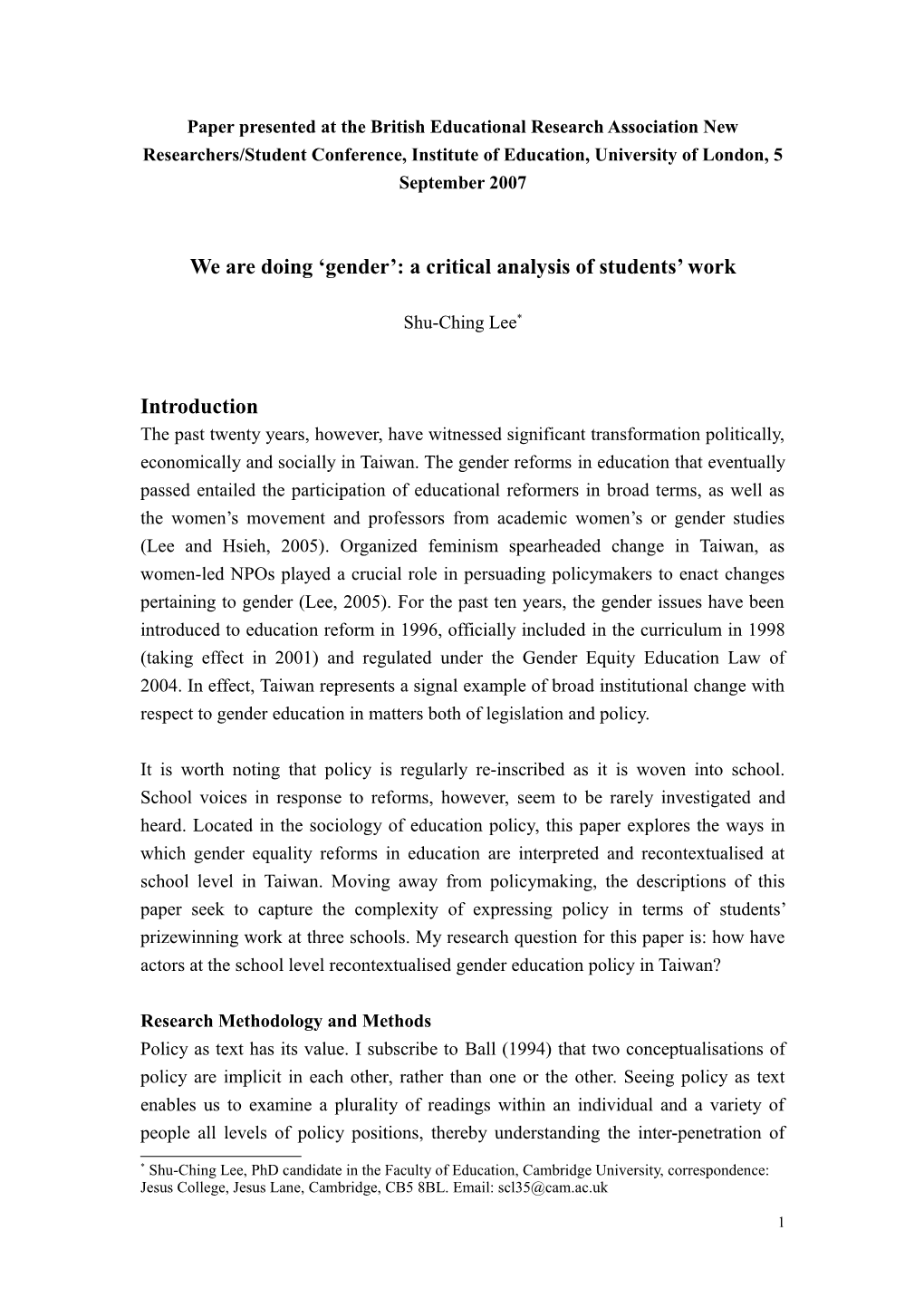 Abstract Submitted to BERA Main Conference, 5-8 September 2007