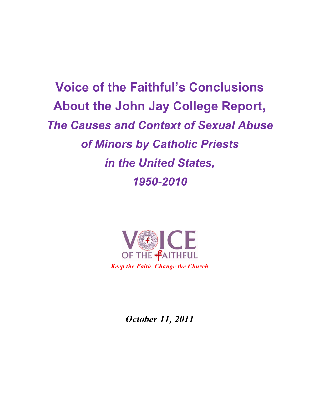 Voice of the Faithful's Conclusions About the John Jay College Report