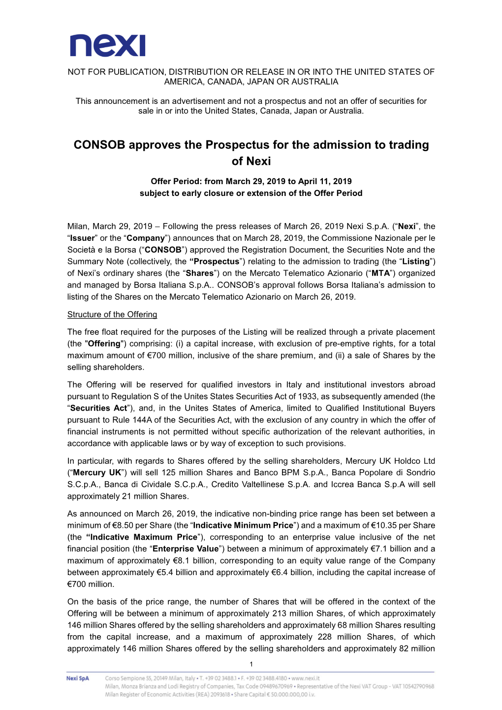March 29Th 2019 CONSOB Approves the Prospectus for the Admission to Trading of Nexi