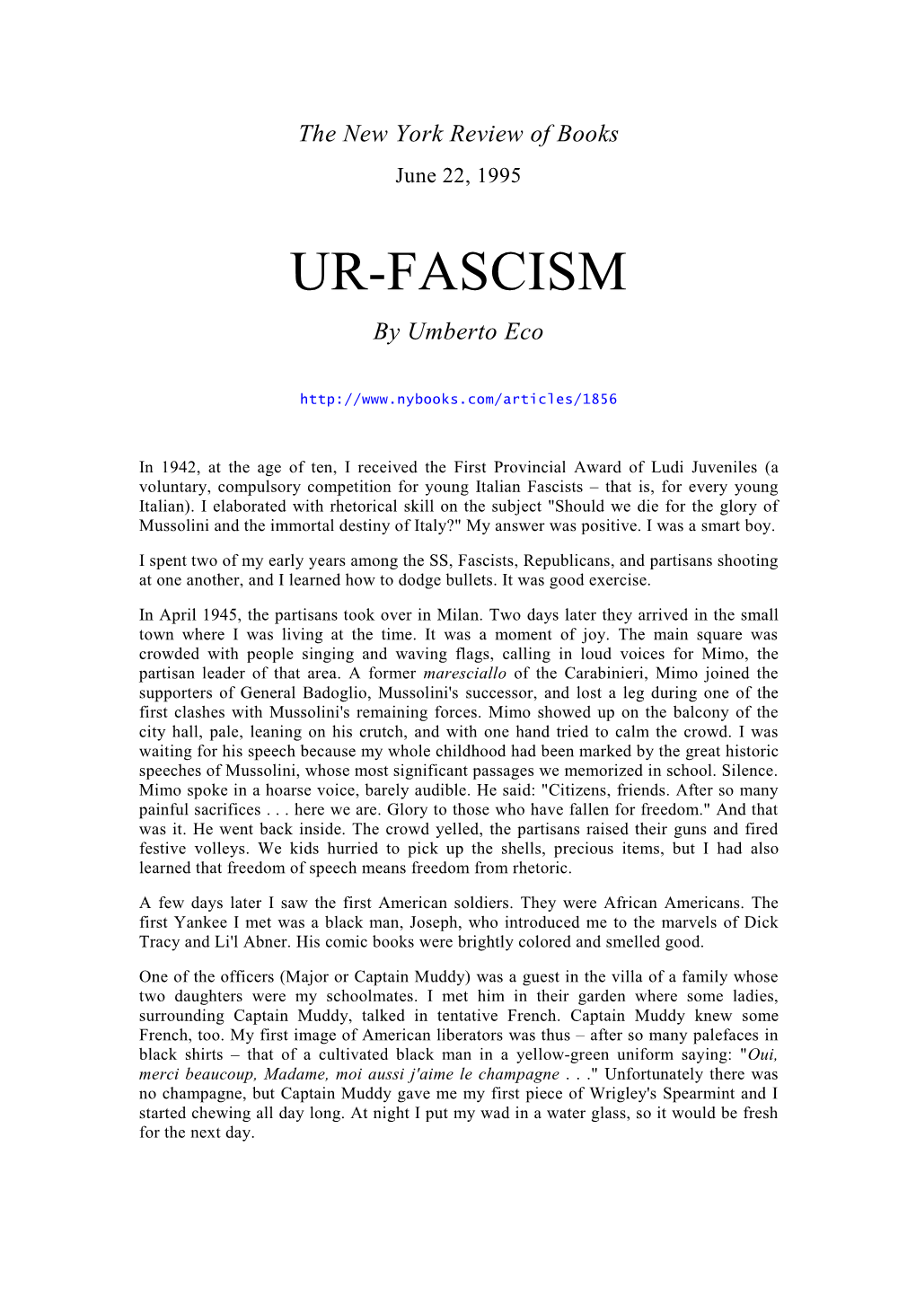 UR-FASCISM by Umberto Eco